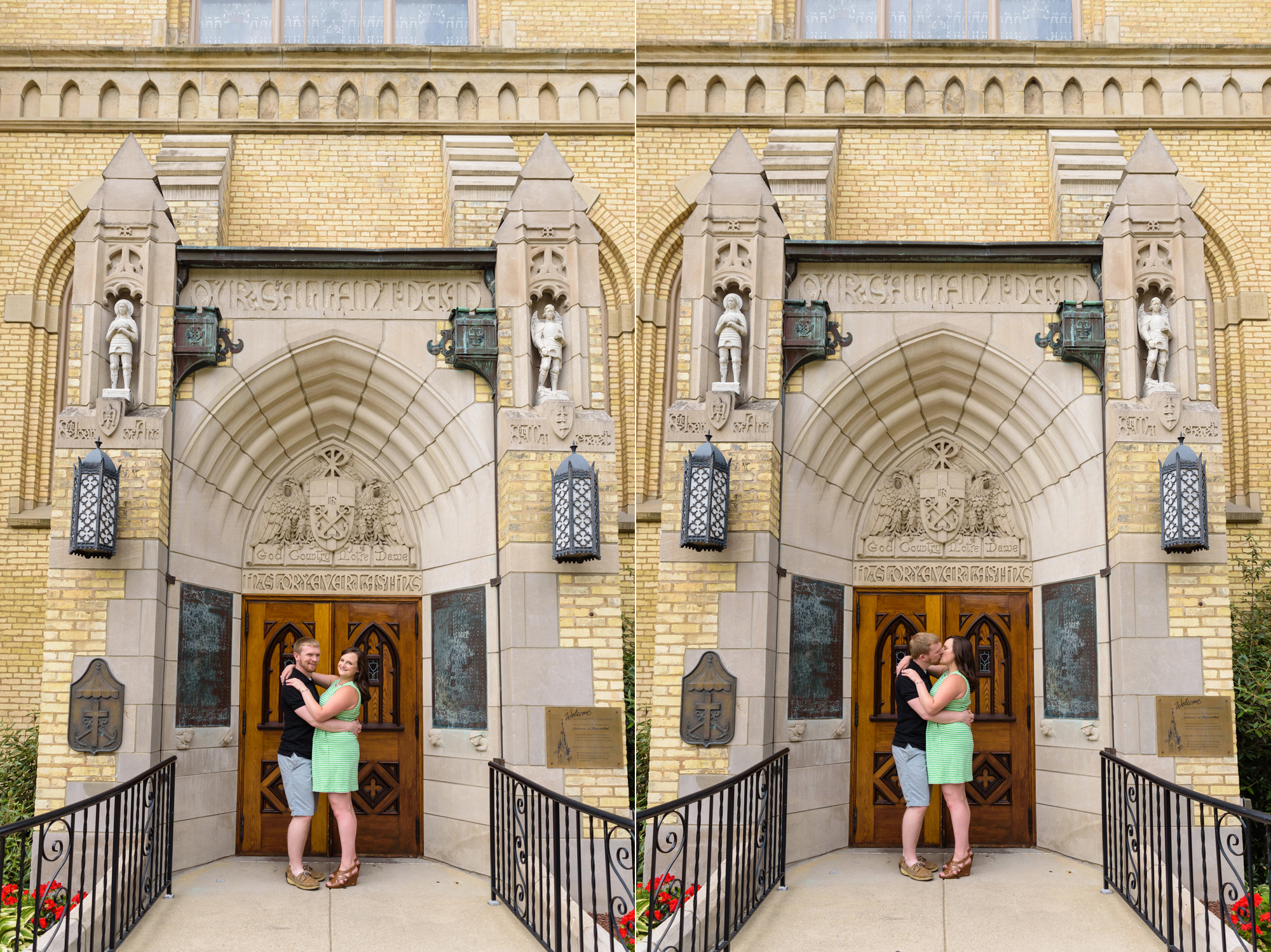 Engaged couple in front of God Country Door on the campus of the University of Notre Dame