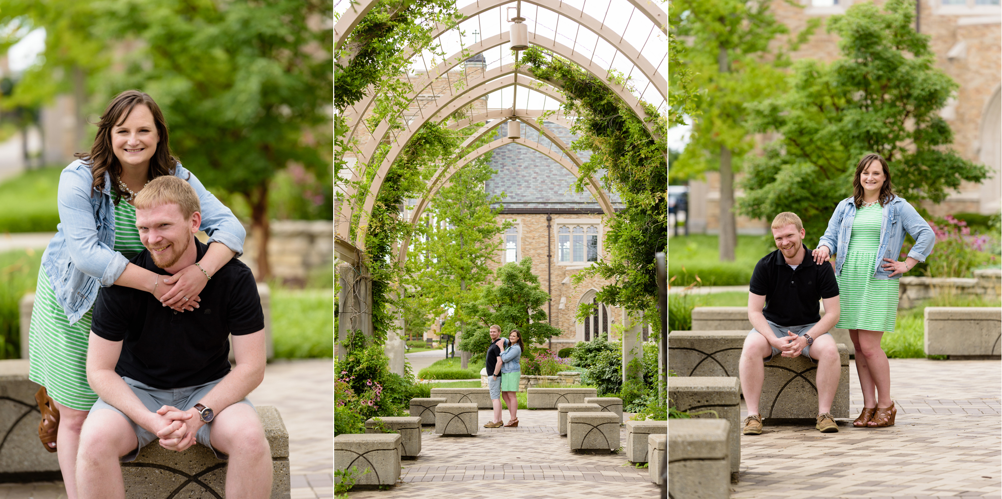Engaged couple under Sesquicentennial Common Pergola on the campus of the University of Notre Dame