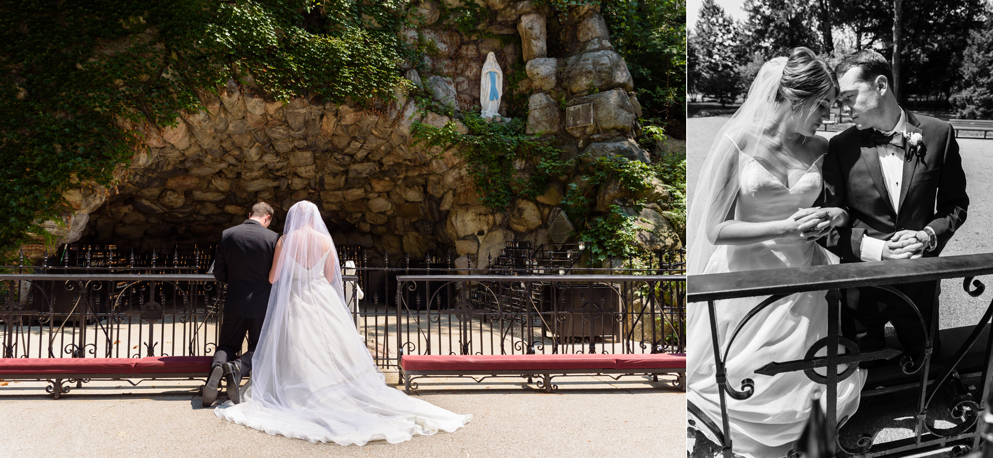 Bride & Groom at the Grotto after their wedding ceremony at the Basilica of the Sacred Heart on the campus of the University of Notre Dame