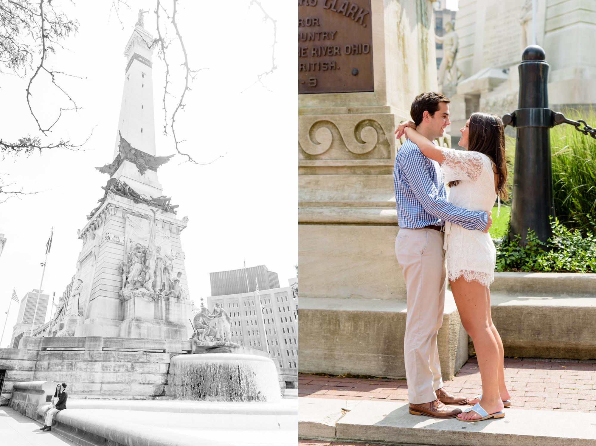 Engaged couple in front of Soldiers & Sailors monument in downtown Indianapolis