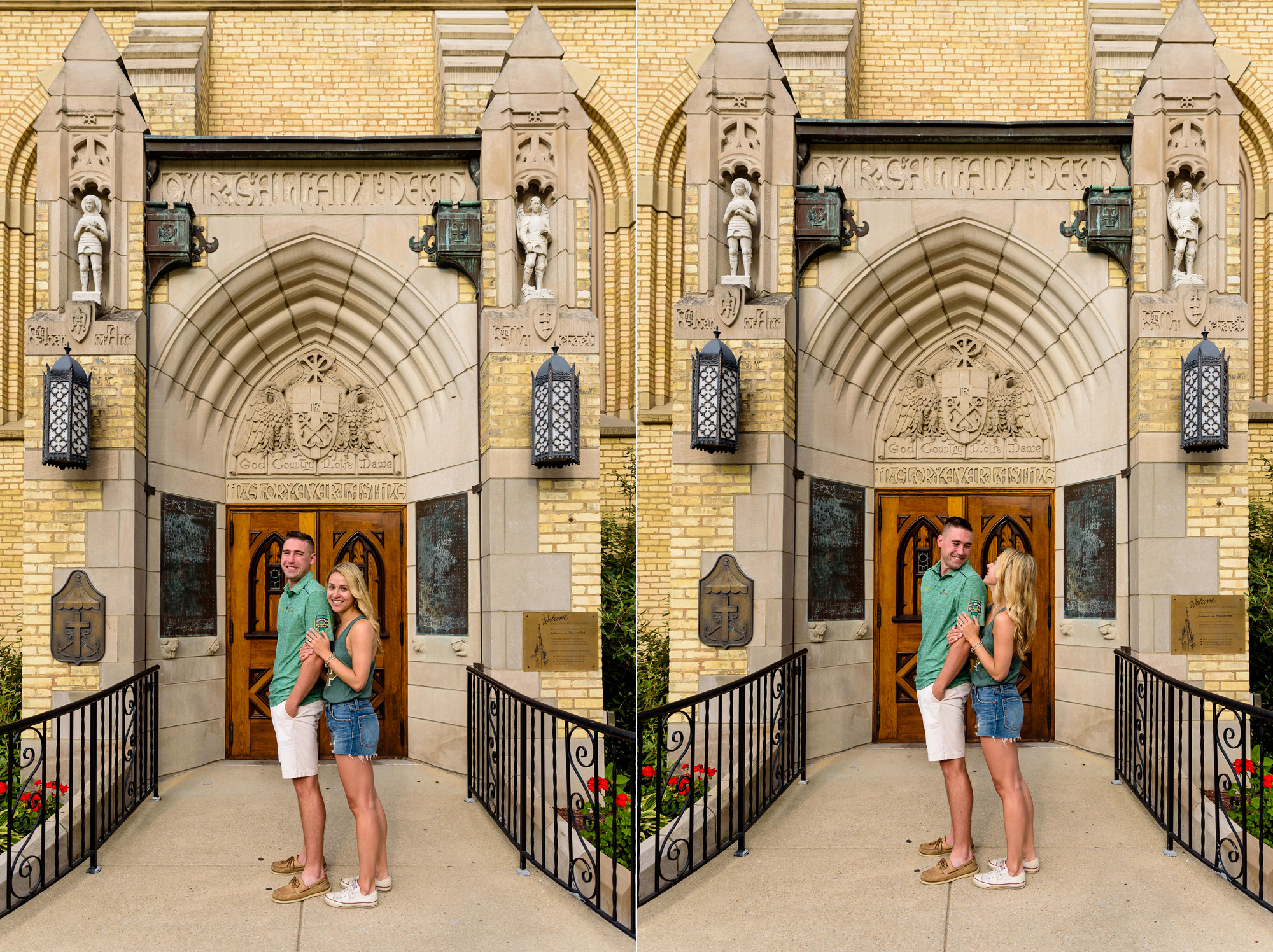 Newly engaged couple stand in front of God Country Door after he proposed on the campus of University of Notre Dame