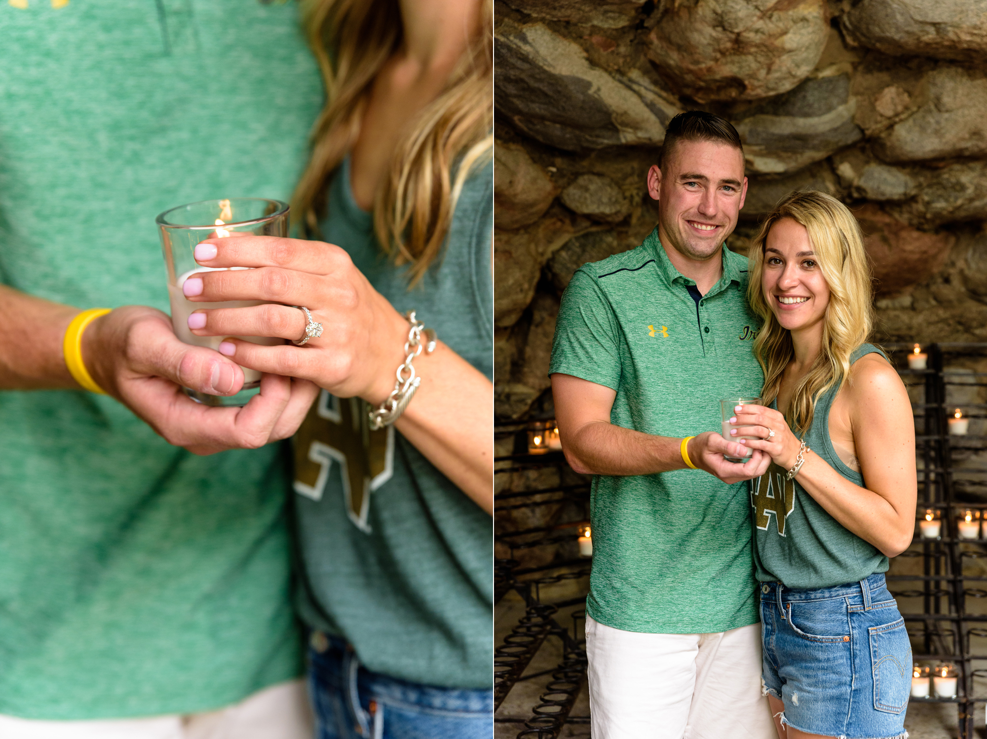 Newly engaged couple light a candle at the Grotto after he proposed on the campus of University of Notre Dame