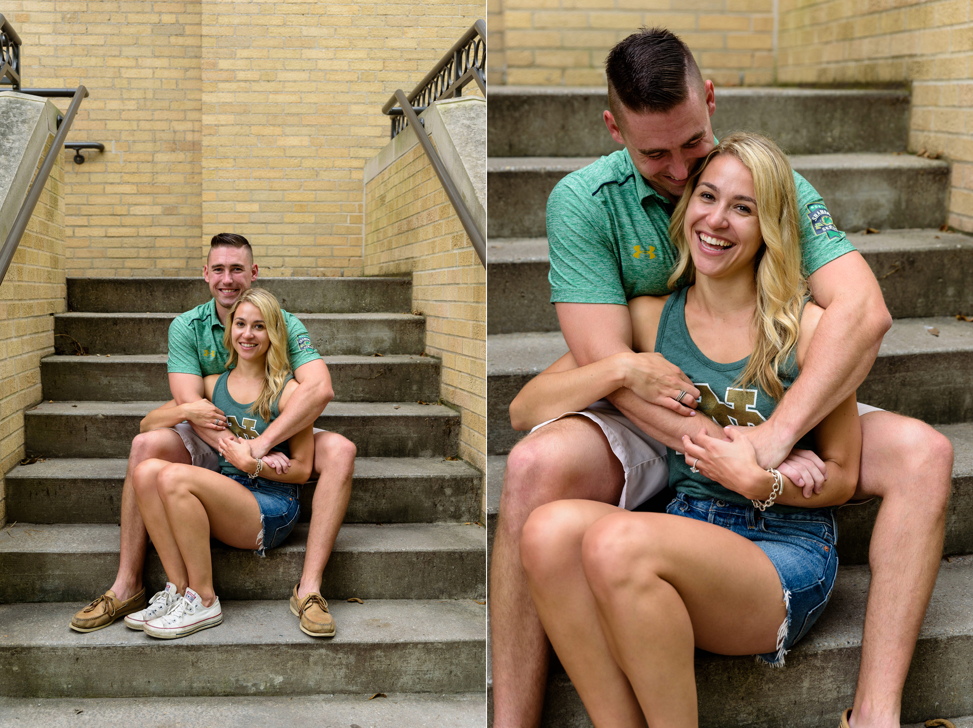 Newly engaged couple posed for photos at Lyon's Hall after he proposed on the campus of University of Notre Dame