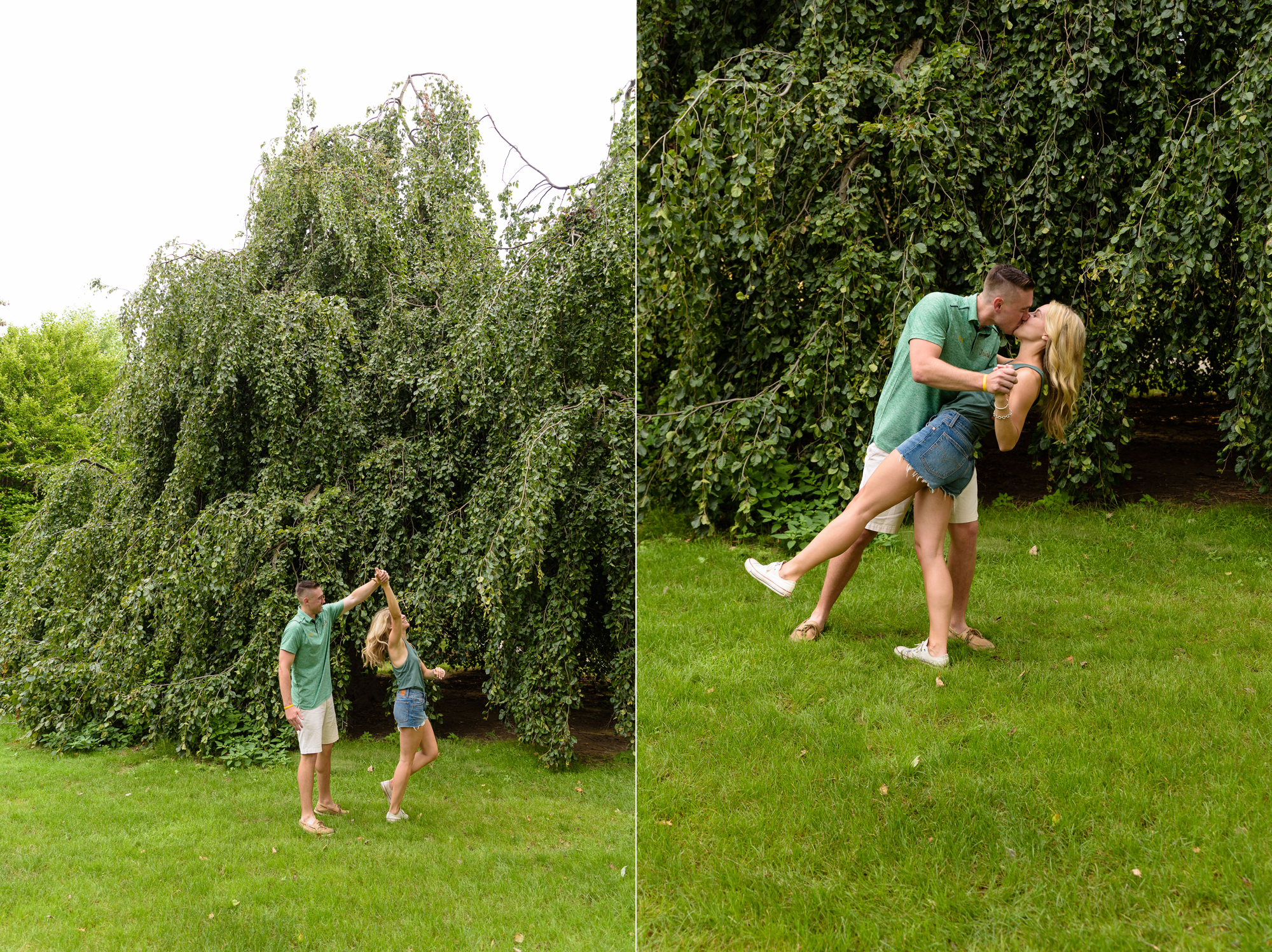 Newly engaged couple posed for photos in front of an exotic California inspired tree after he proposed on the campus of University of Notre Dame