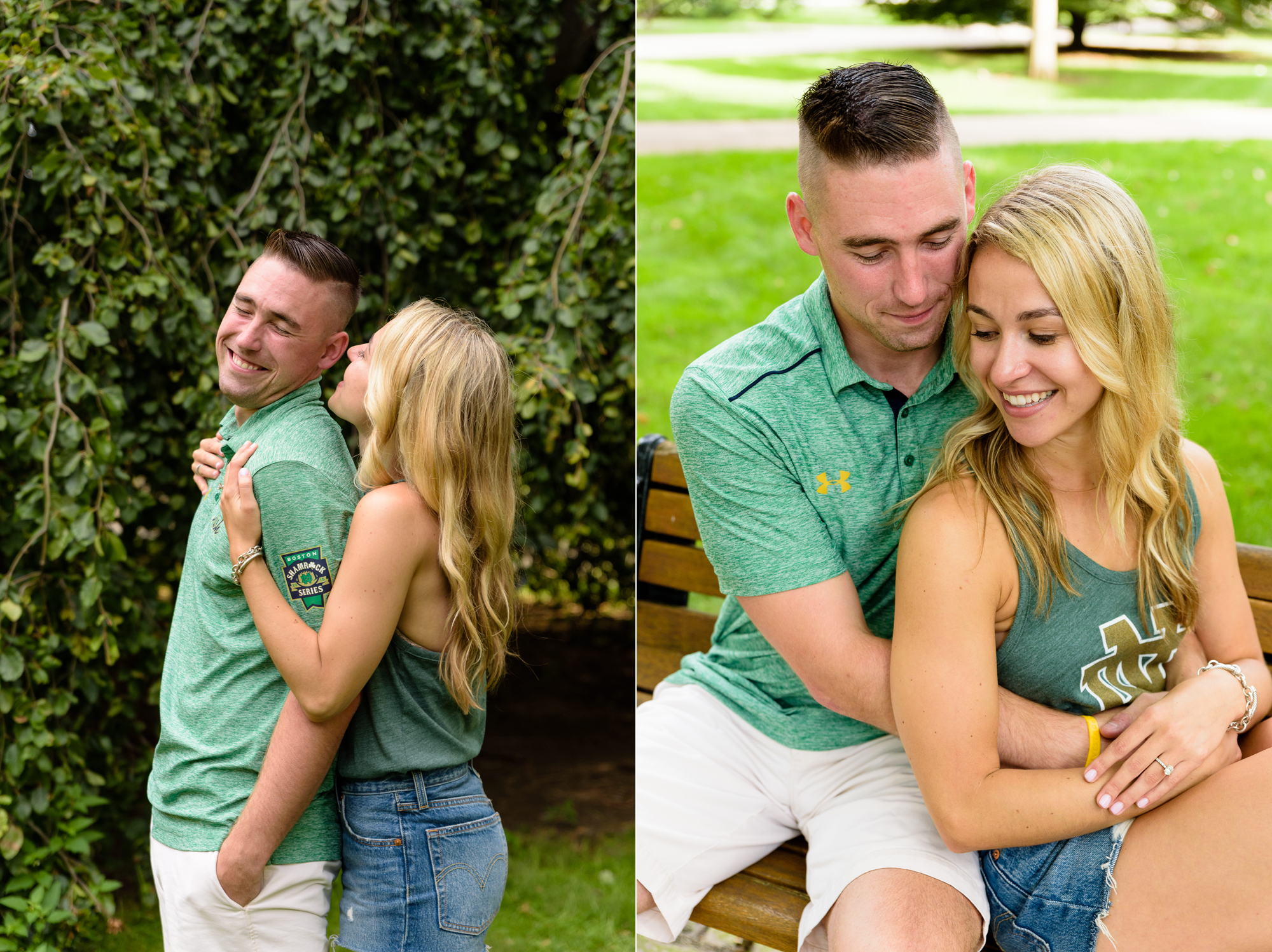 Newly engaged couple posed for photos in front of an exotic California inspired tree after he proposed on the campus of University of Notre Dame