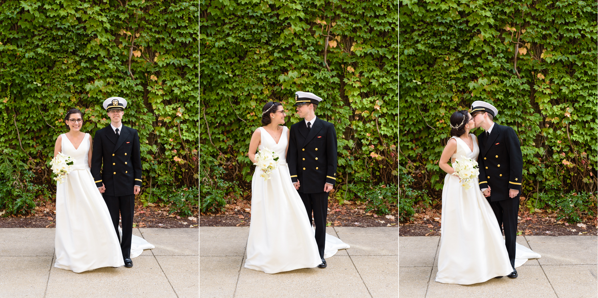 Bride & Groom in front of an ivy wall at Fitzpatrick school of Engineering after a wedding ceremony at the Basilica of the Sacred Heart on the campus of the University of Notre Dame