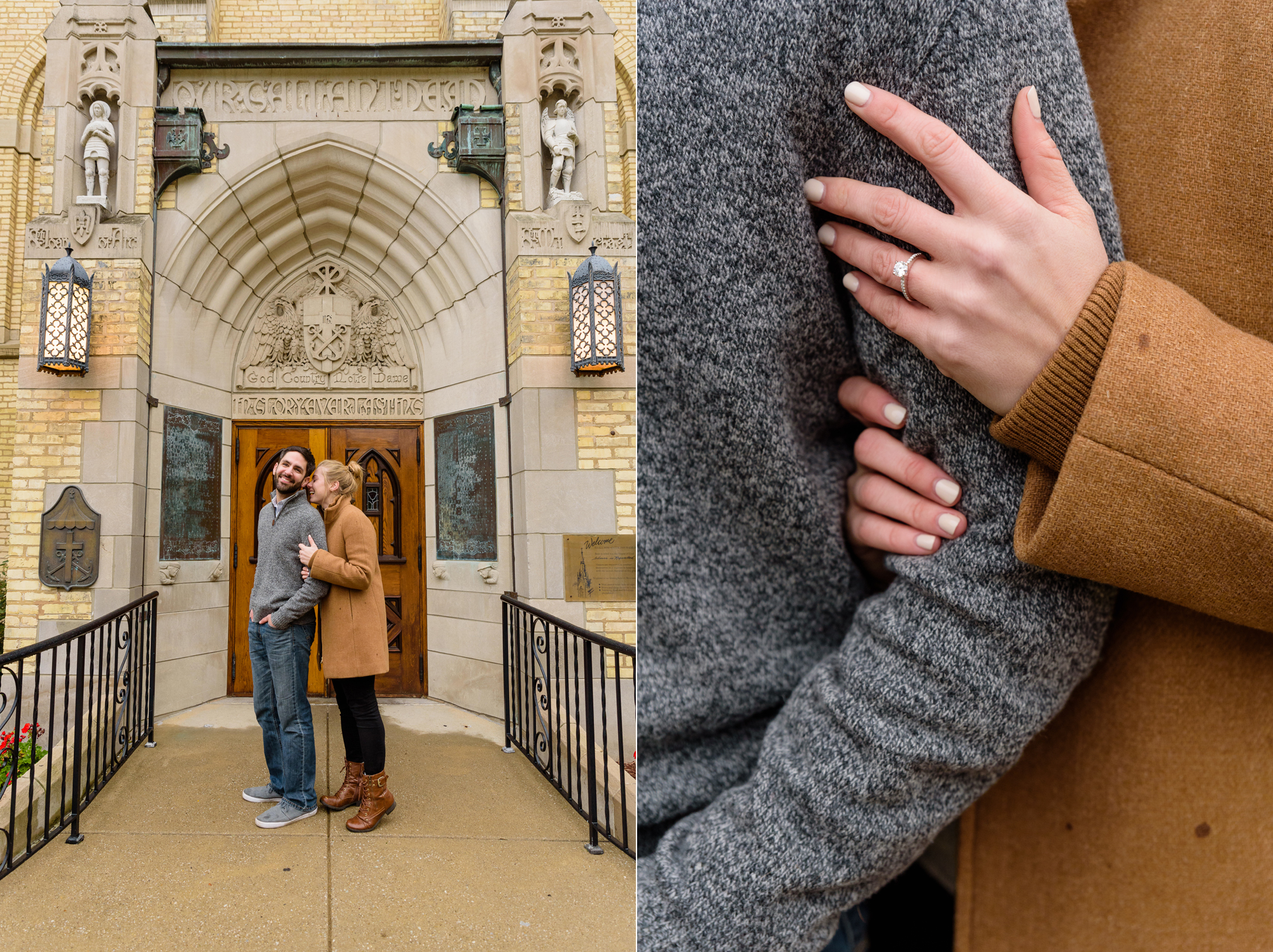 Newly engaged couple in front of God Country Door on the campus of the University of Notre Dame