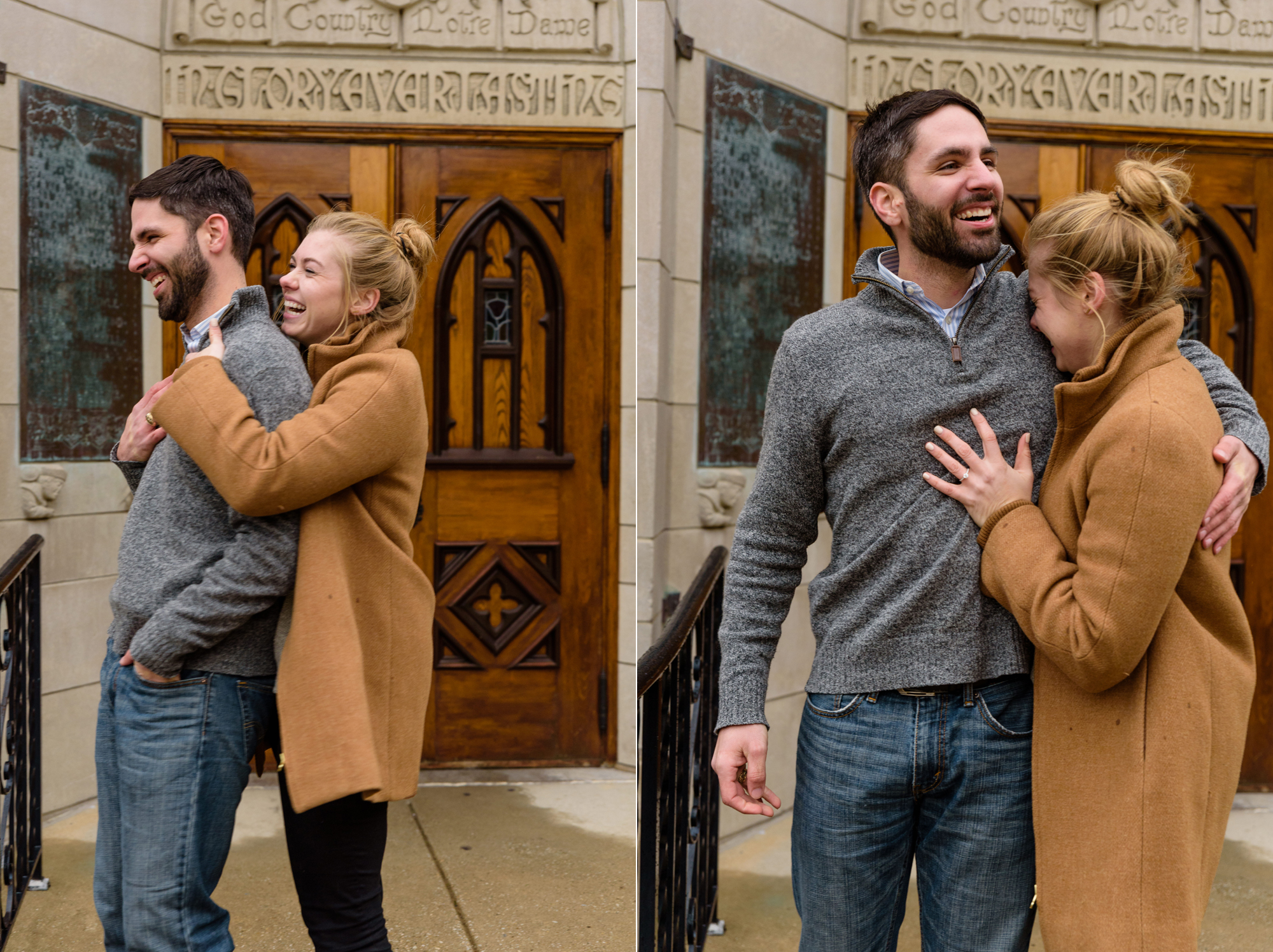 Newly engaged couple in front of God Country Door on the campus of the University of Notre Dame