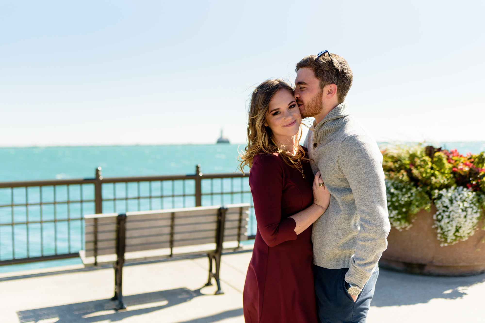 Engaged couple at navy pier in Chicago