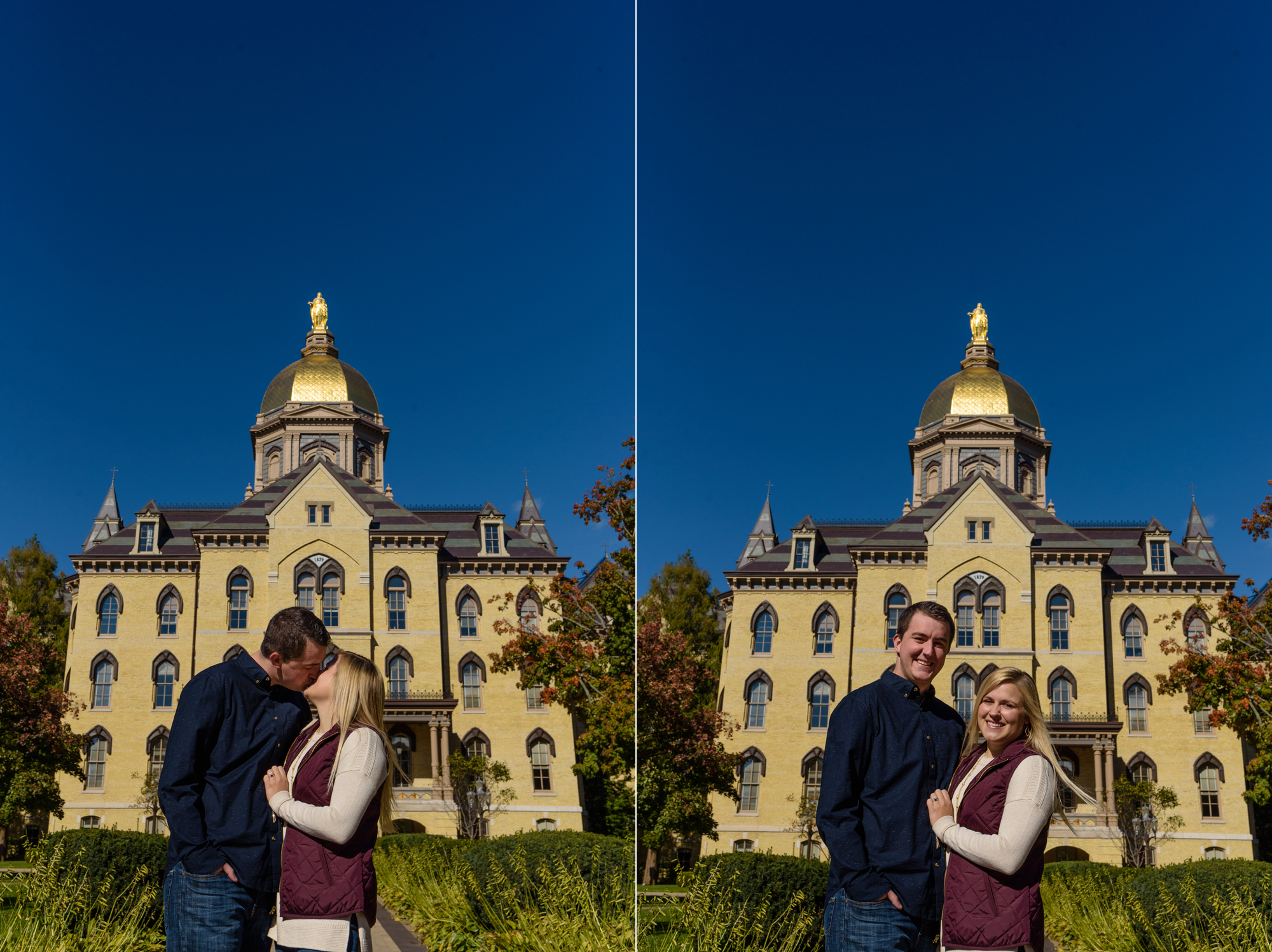 Engaged couple in front of the Golden Dome on the campus of the University of Notre Dame