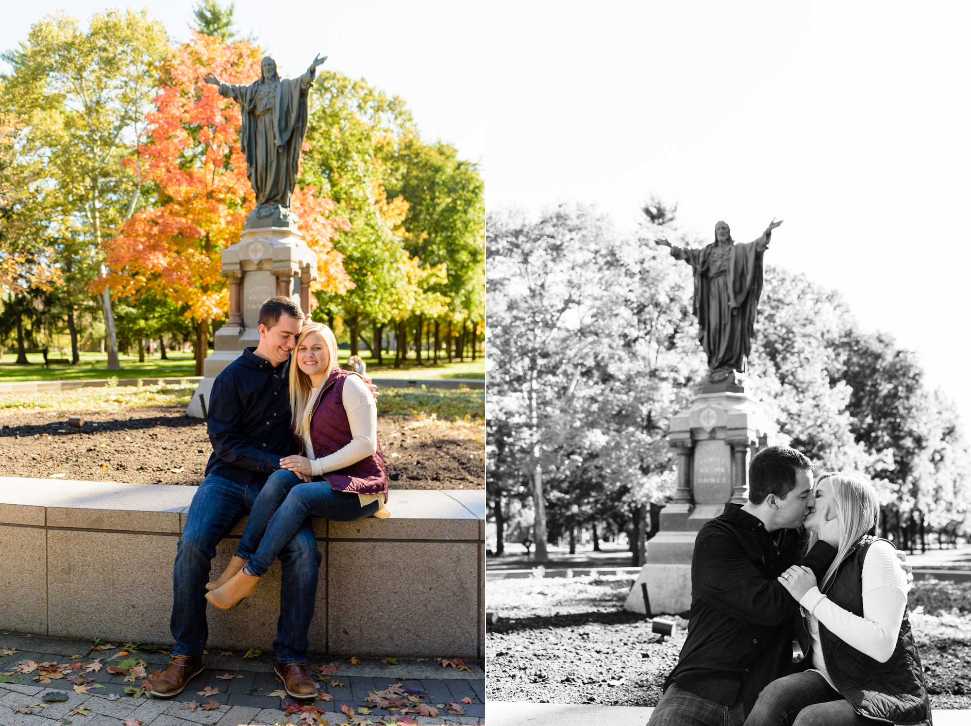 Engaged couple in front of the Sacred Heart Statue on God Quad on the campus of the University of Notre Dame