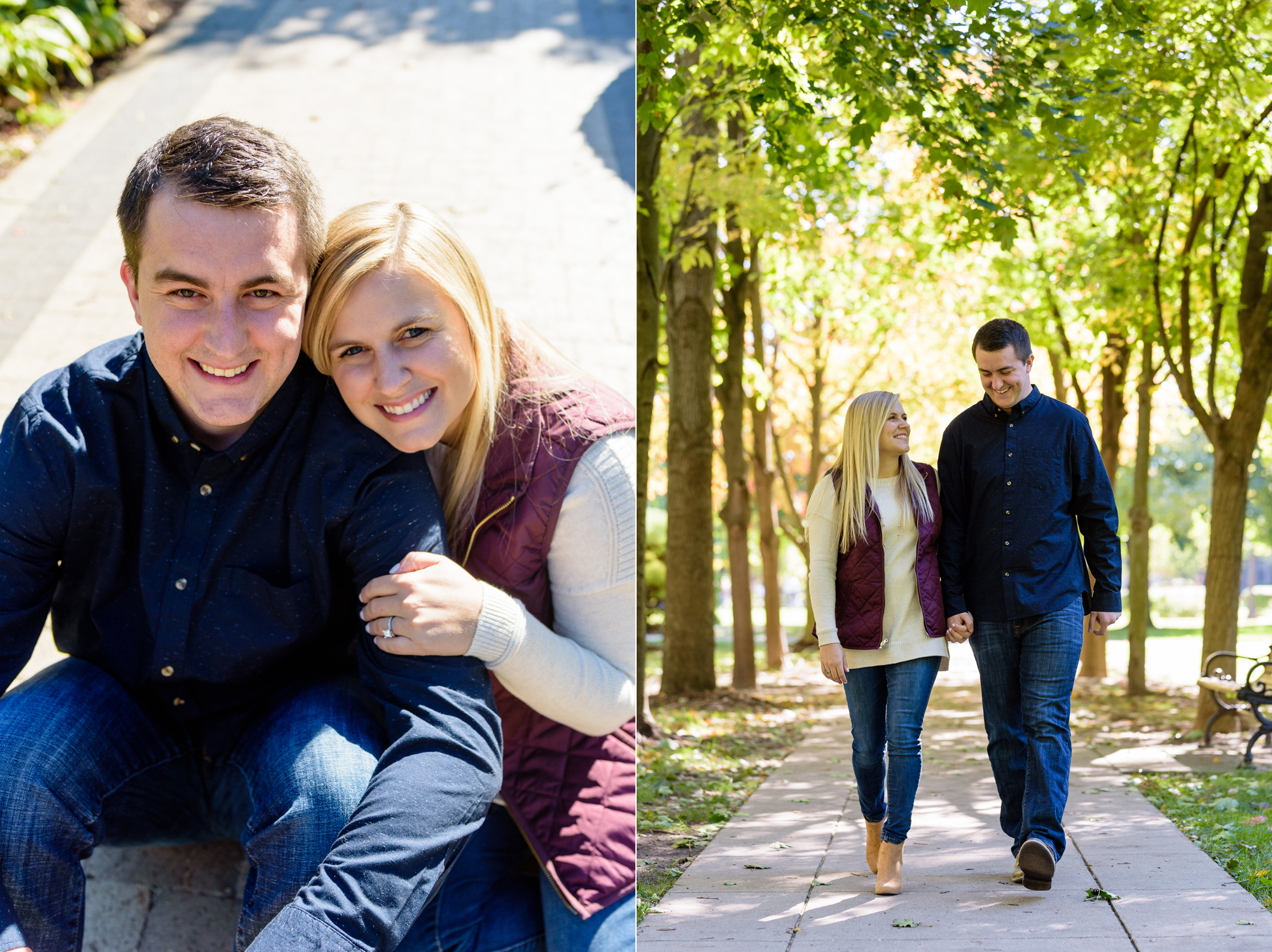 Engaged couple around God Quad on the campus of the University of Notre Dame