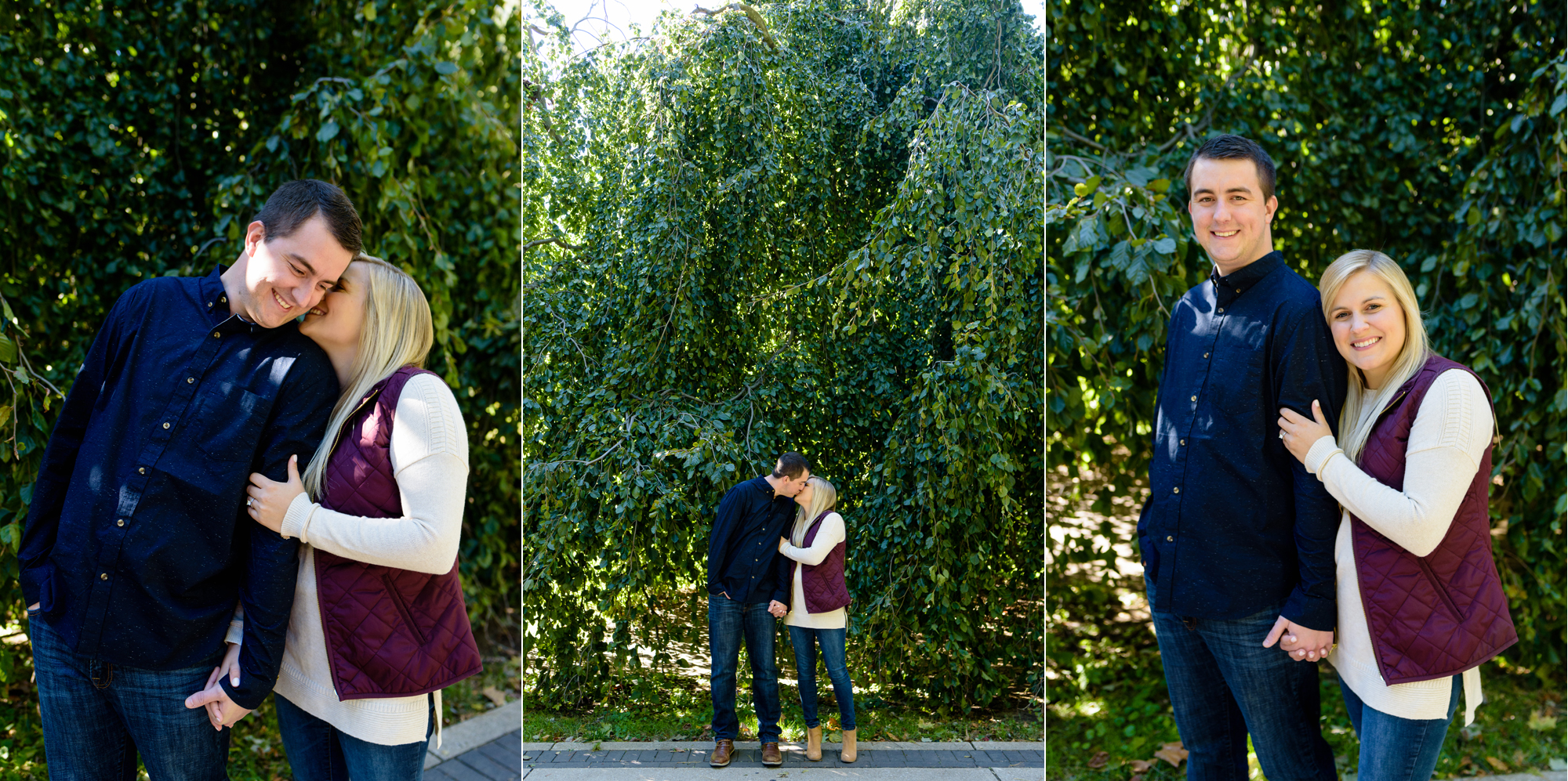 Engaged couple around God Quad on the campus of the University of Notre Dame