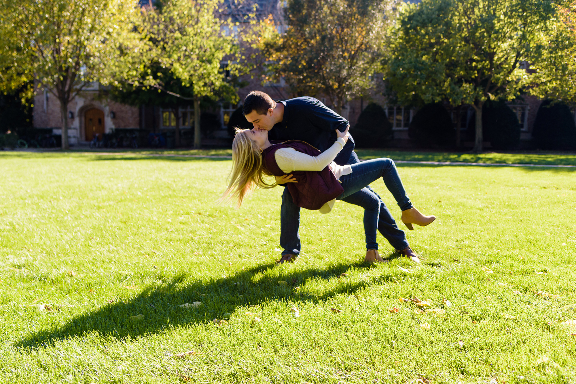 Engaged couple around South Quad on the campus of the University of Notre Dame