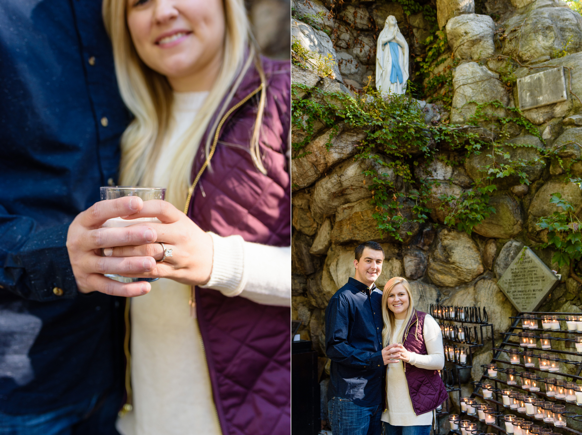 Engaged couple lighting a candle at the Grotto on the campus of the University of Notre Dame