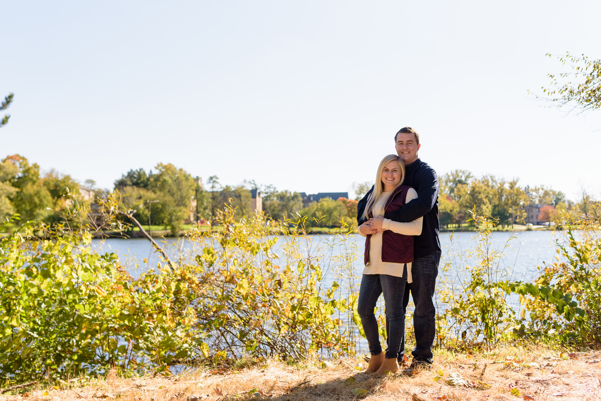 Engaged couple around St. Mary's Lake on the campus of the University of Notre Dame