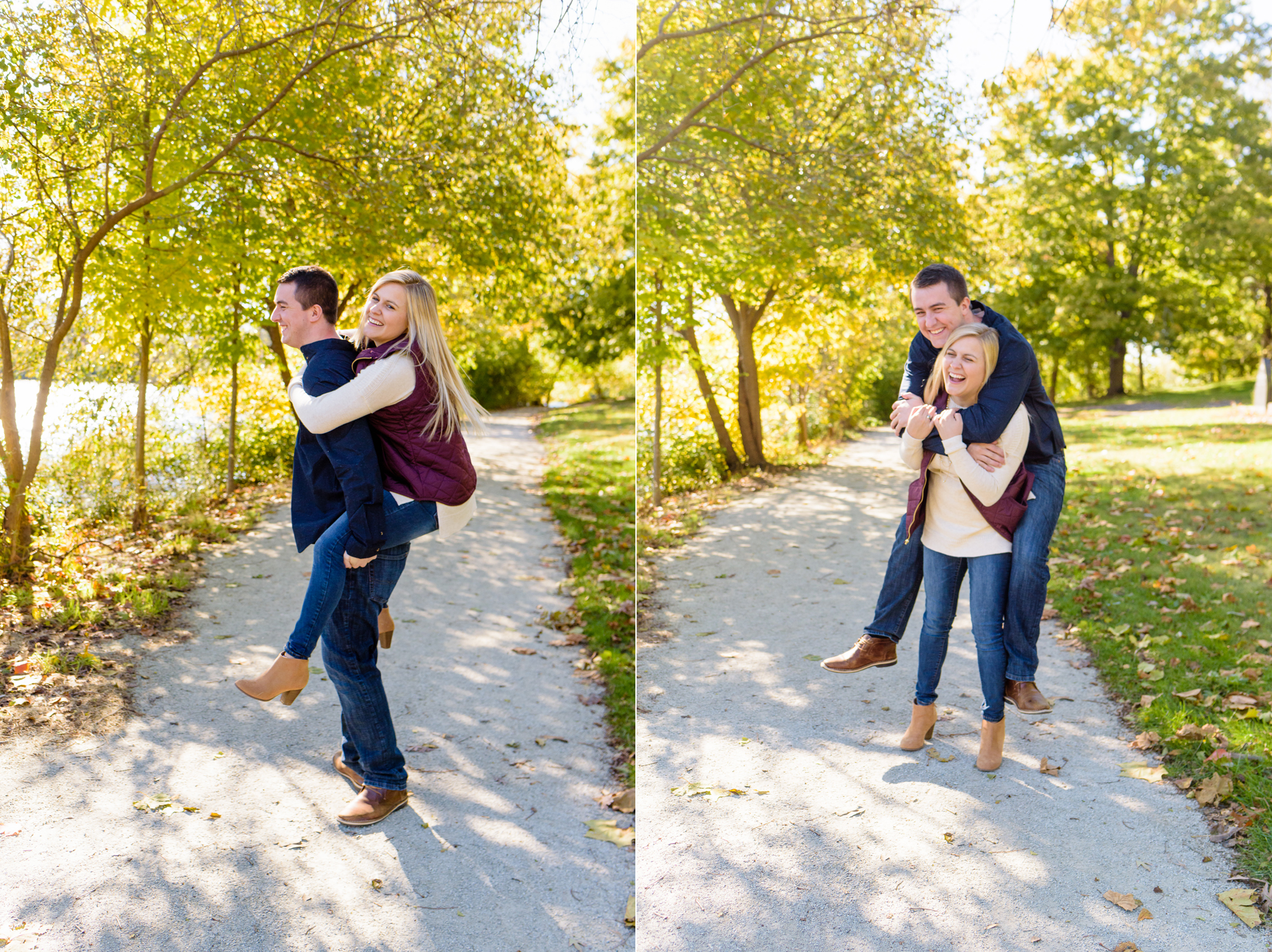 Engaged couple around St. Mary's Lake on the campus of the University of Notre Dame