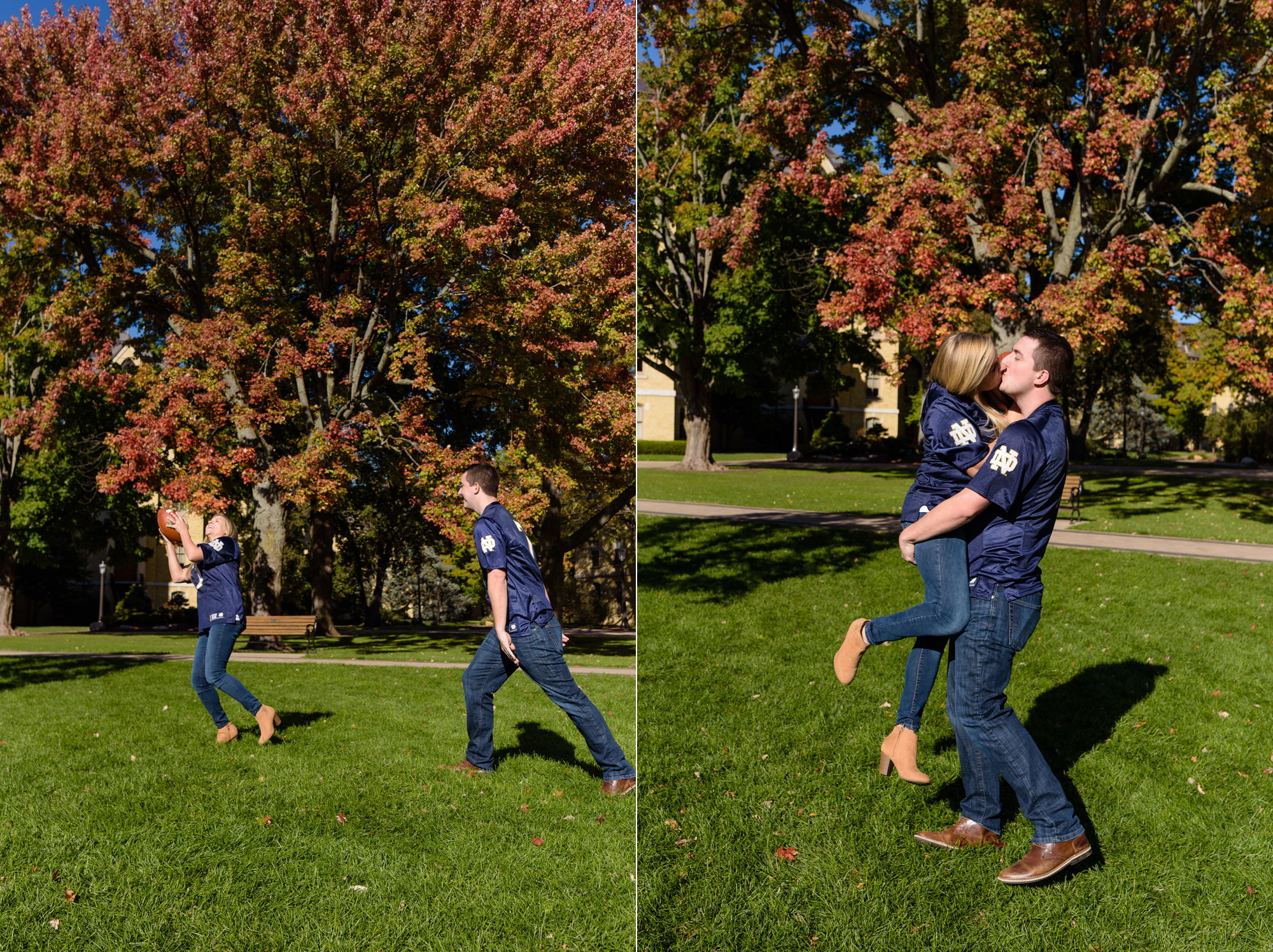 Engaged couple in front of the Golden Dome on the campus of the University of Notre Dame