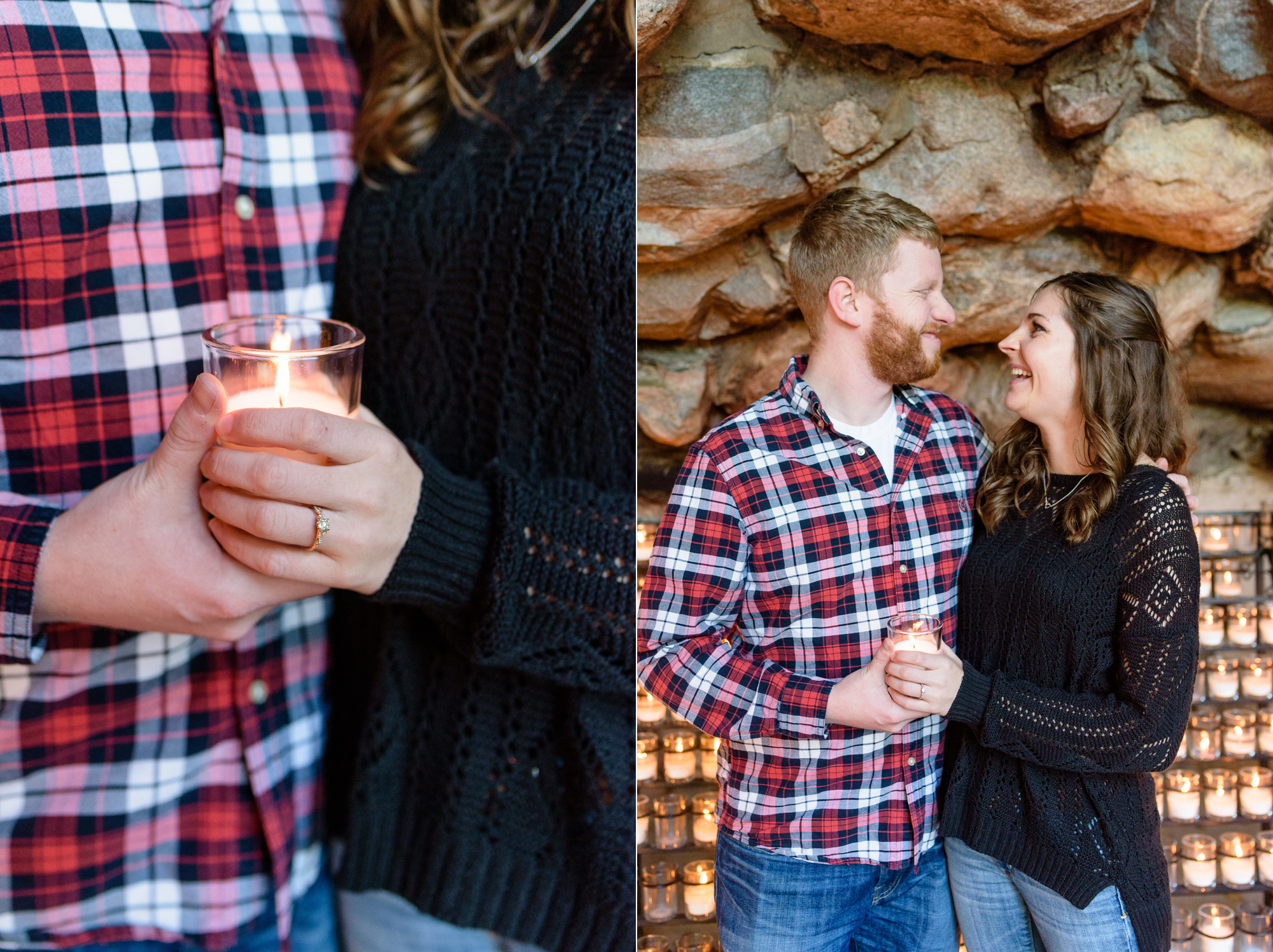 Engaged couple lighting a candle at the Grotto on the campus of the University of Notre Dame