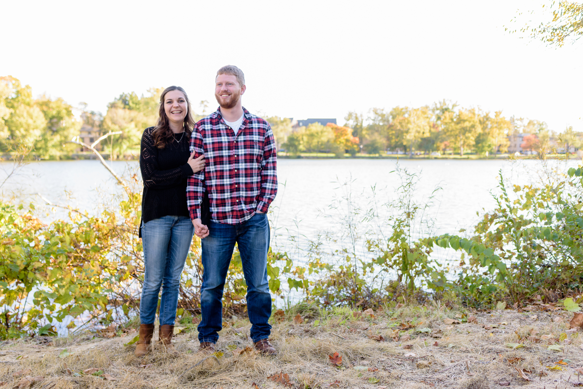 Engaged couple around St. Mary's Lake on the campus of the University of Notre Dame