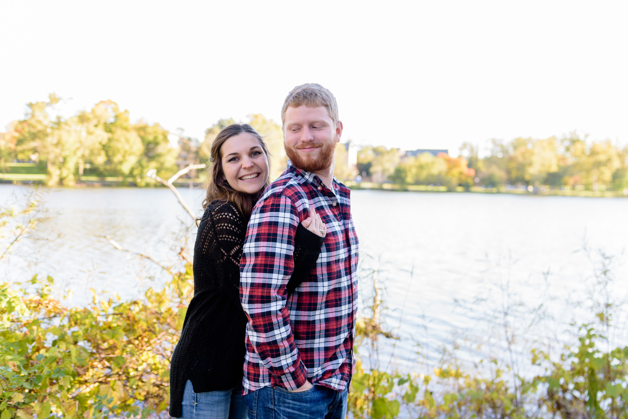 Engaged couple around St. Mary's Lake on the campus of the University of Notre Dame