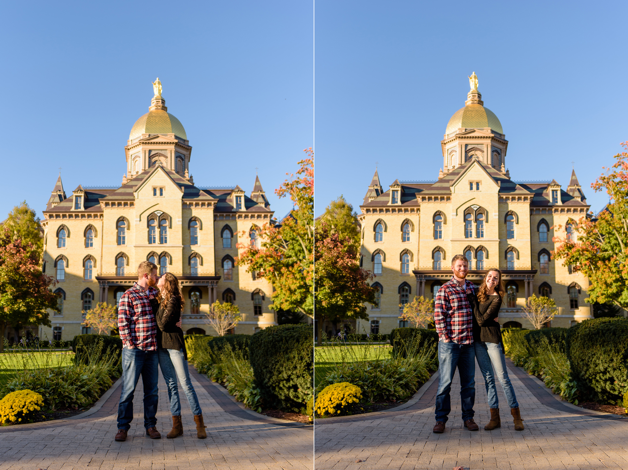 Engaged couple in front of the Golden Dome on the campus of the University of Notre Dame