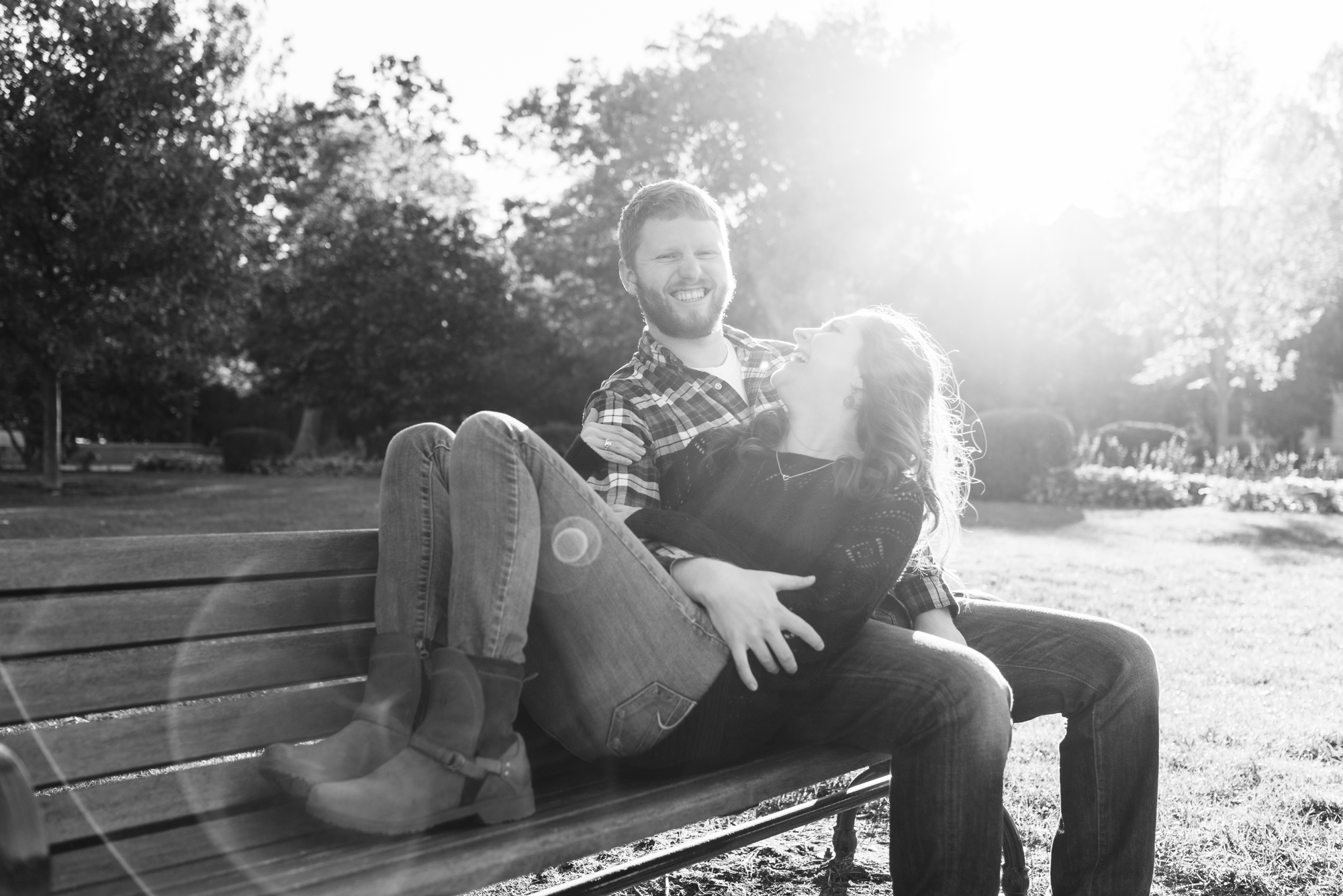 Engaged couple around God Quad on the campus of the University of Notre Dame