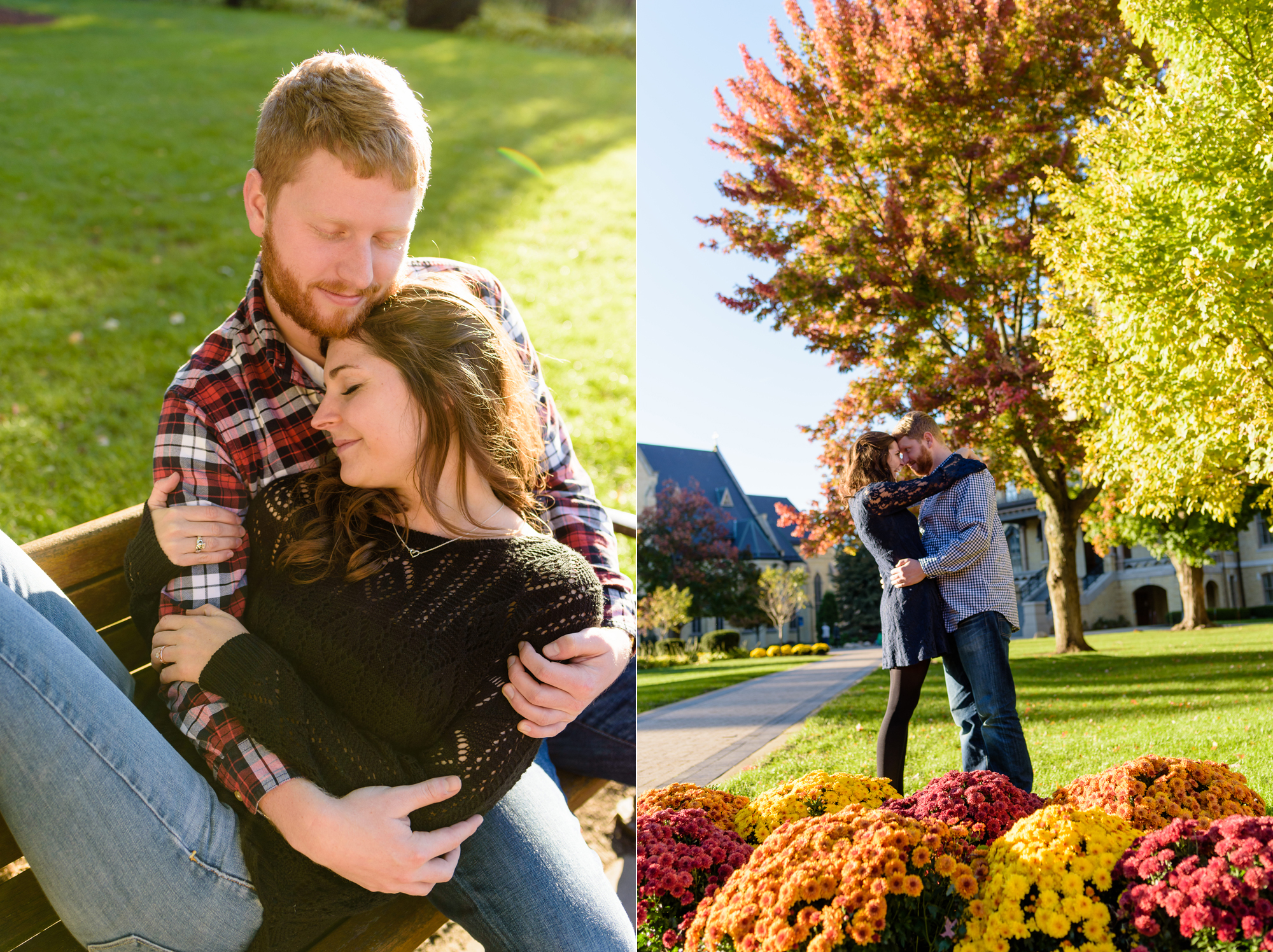 Engaged couple around God Quad on the campus of the University of Notre Dame