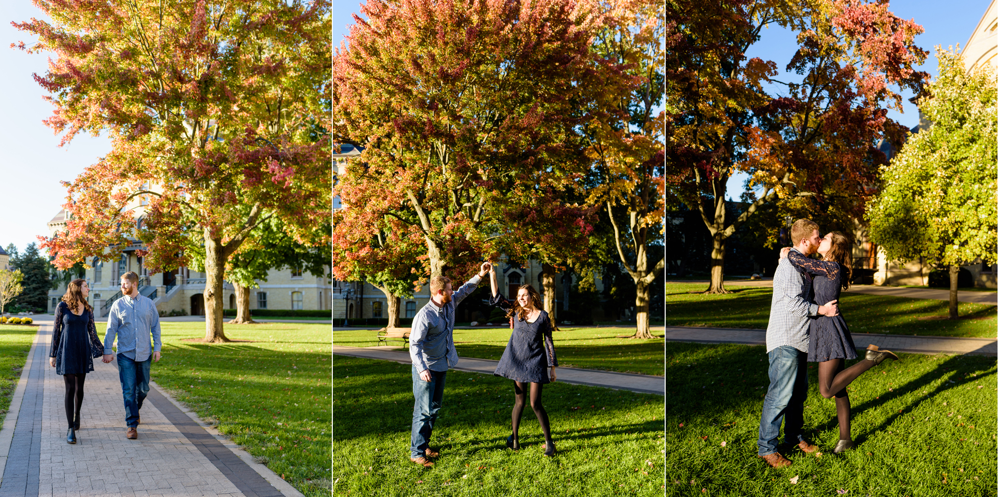 Engaged couple around God Quad on the campus of the University of Notre Dame