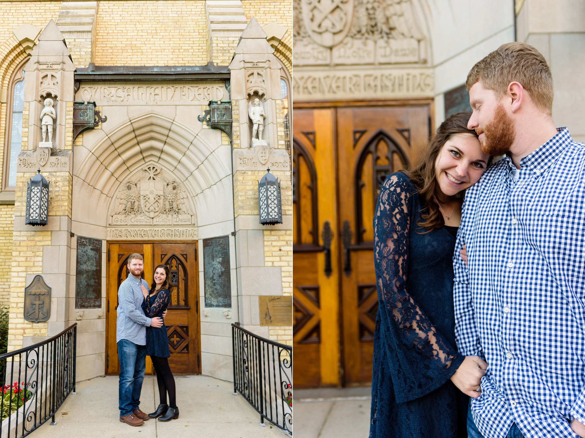 Engaged couple outside God Country Door on the campus of the University of Notre Dame