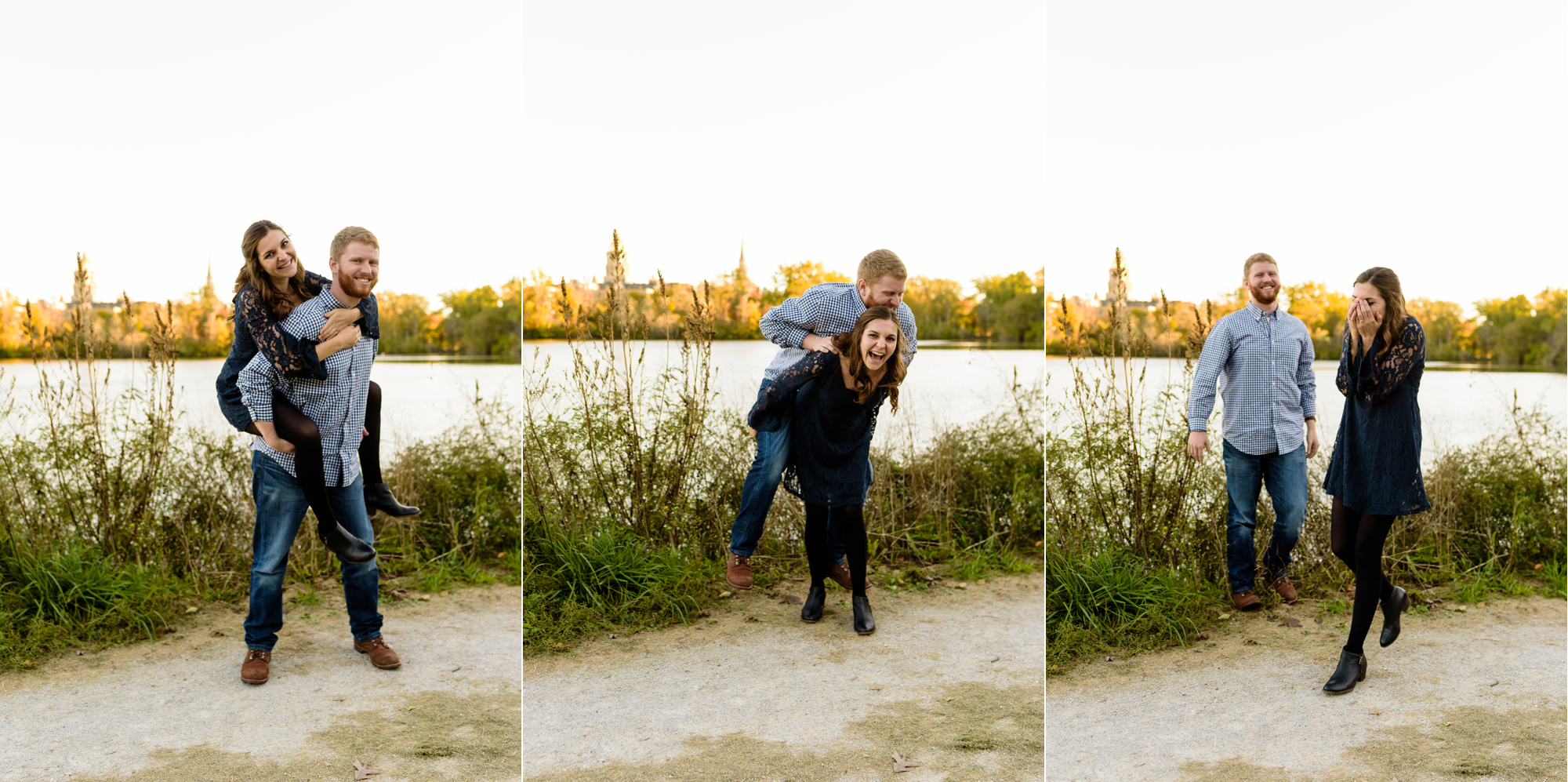 Engaged couple around St. Joseph's Lake on the campus of the University of Notre Dame