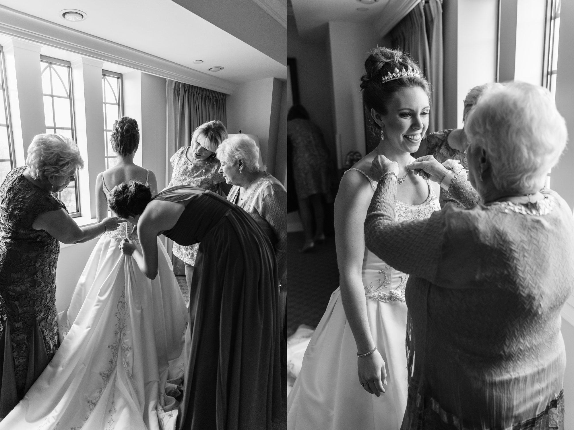 Bride getting ready for her wedding ceremony at the Basilica of the Sacred Heart on the campus of the University of Notre Dame