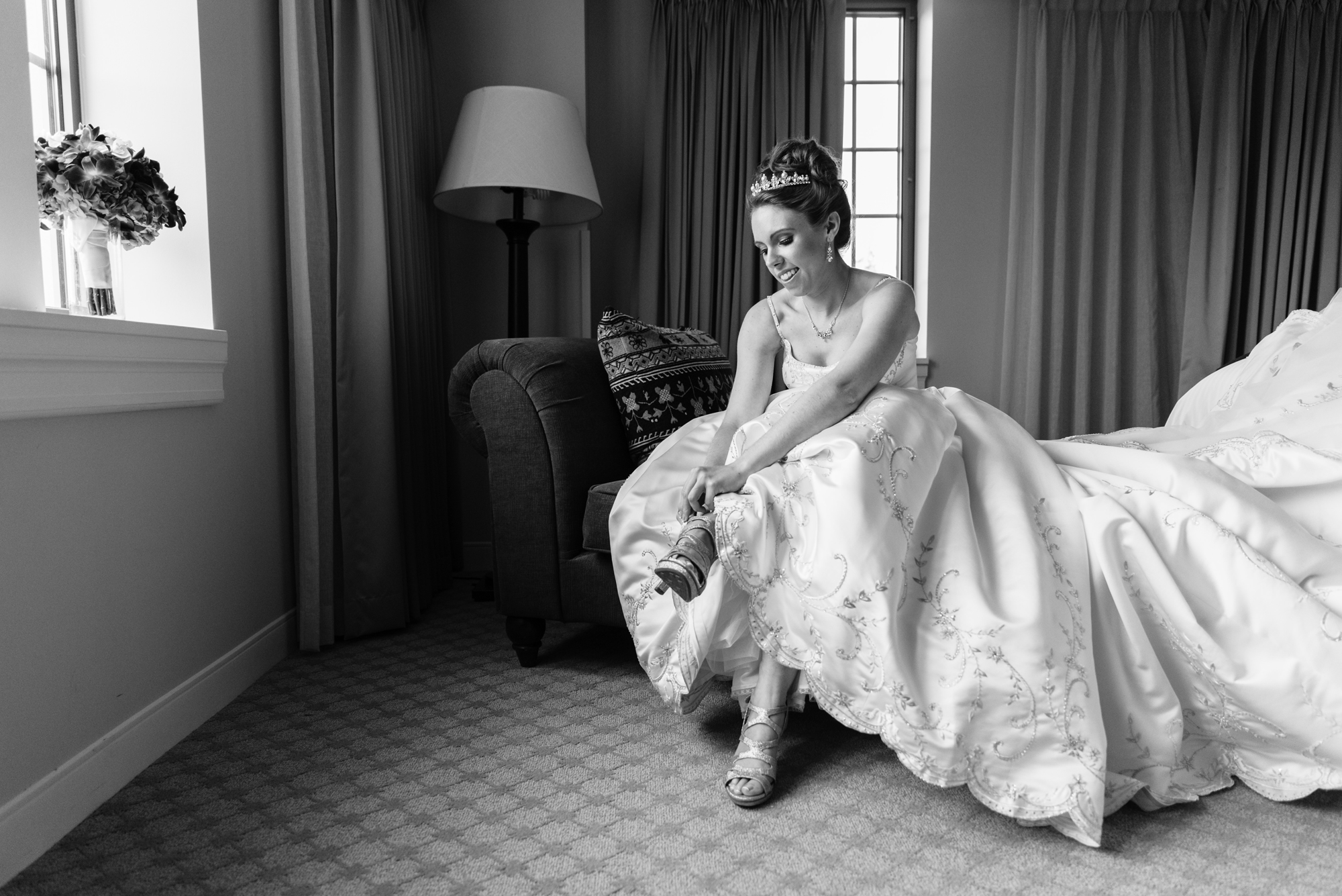 Bride getting ready for her wedding ceremony at the Basilica of the Sacred Heart on the campus of the University of Notre Dame