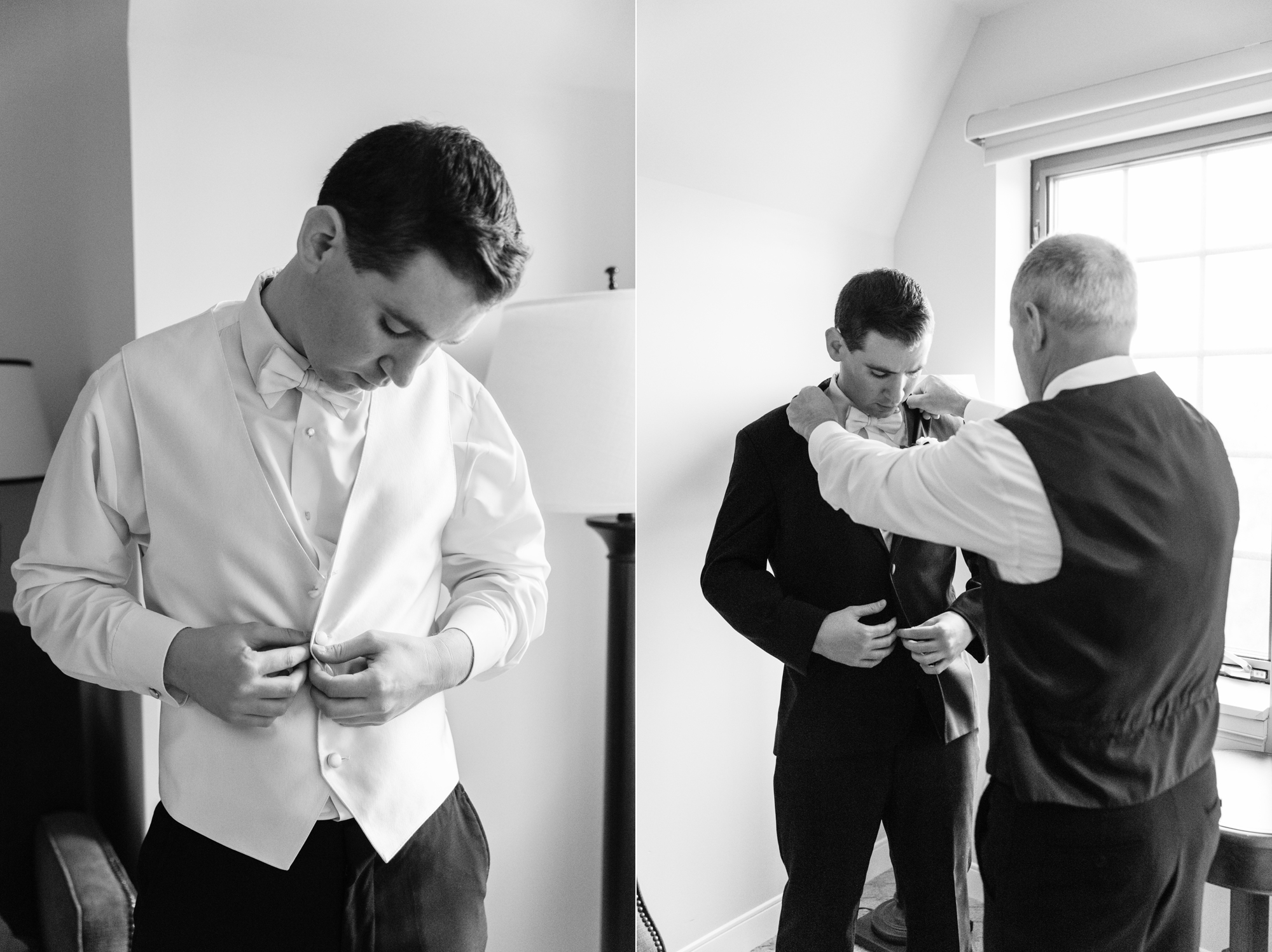 Groom getting ready for his wedding ceremony at the Basilica of the Sacred Heart on the campus of the University of Notre Dame