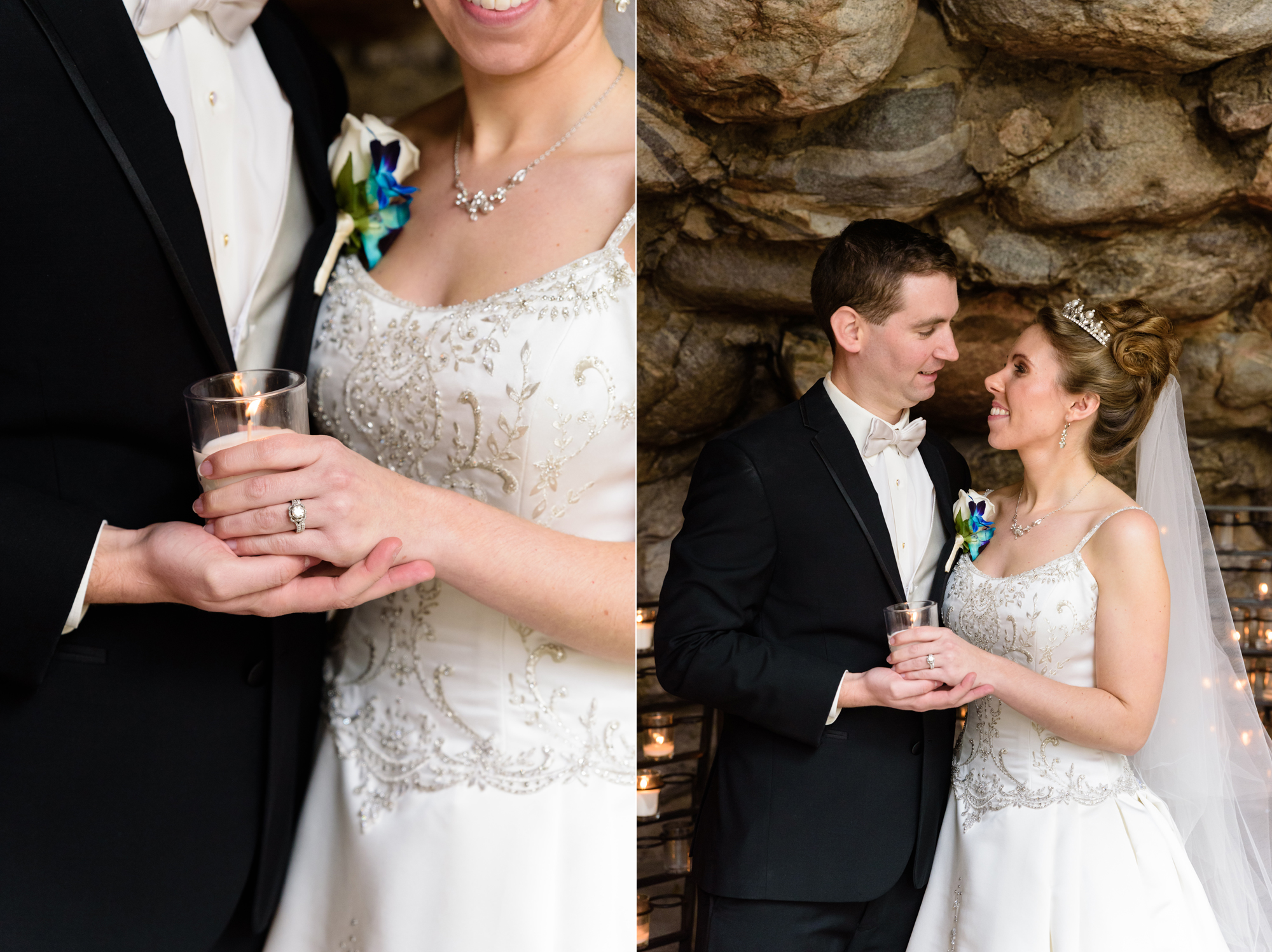 Bride & Groom lighting a candle at the Grotto after their wedding ceremony at the Basilica of the Sacred Heart on the campus of the University of Notre Dame