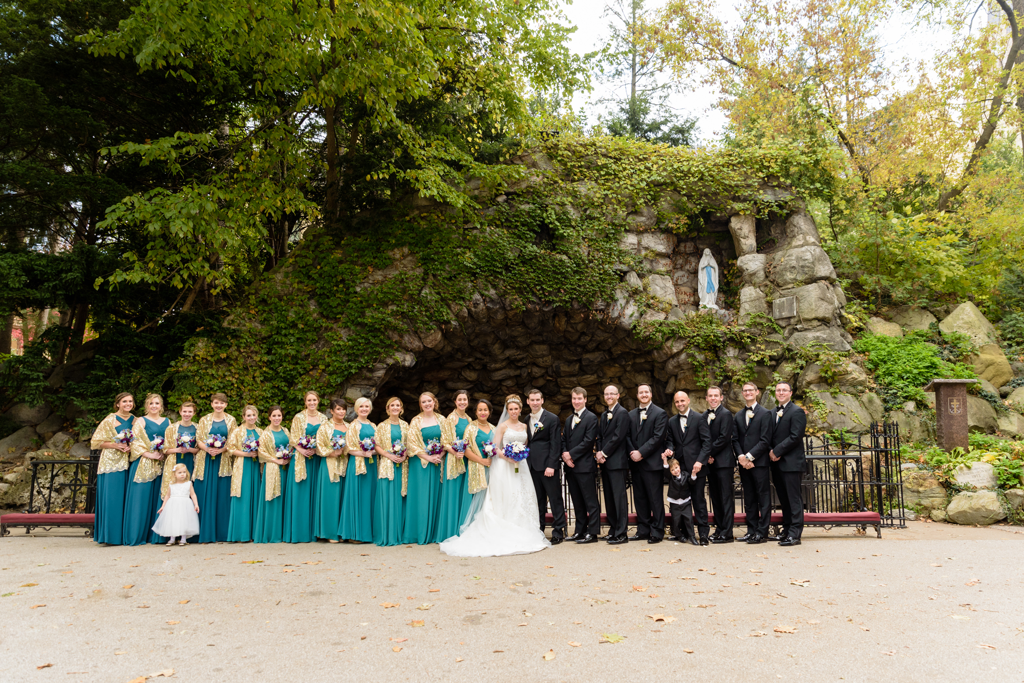 Bridal Party at the Grotto after their wedding ceremony at the Basilica of the Sacred Heart on the campus of the University of Notre Dame