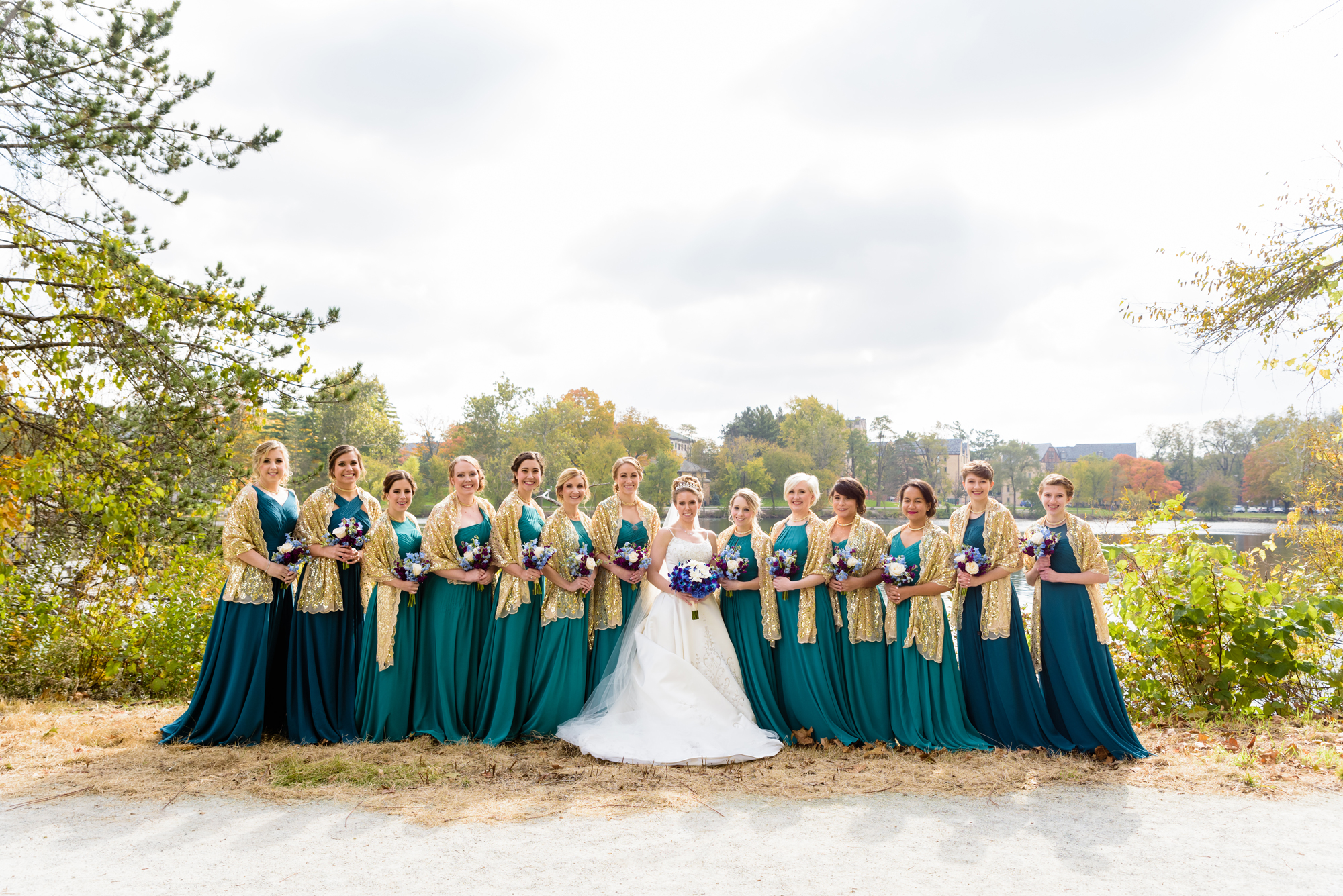 Bridesmaids around St Mary’s Lake after a wedding ceremony at the Basilica of the Sacred Heart on the campus of the University of Notre Dame