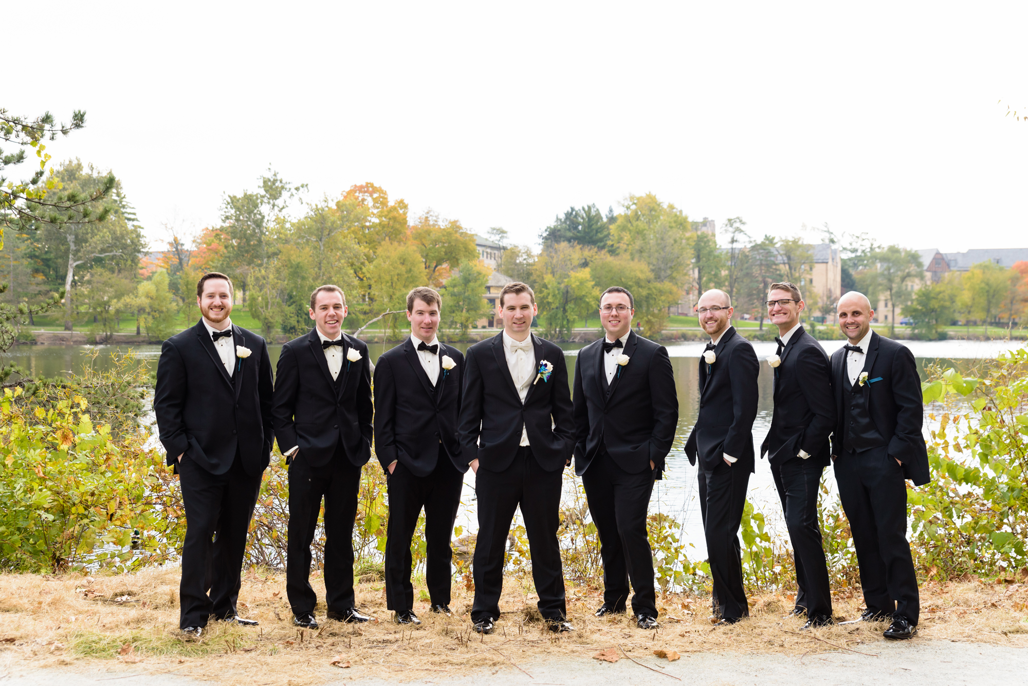 Groomsmen around St Mary’s Lake after a wedding ceremony at the Basilica of the Sacred Heart on the campus of the University of Notre Dame