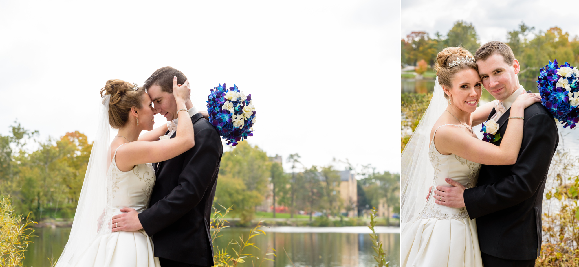 Bride & Groom around St Mary’s Lake after their wedding ceremony at the Basilica of the Sacred Heart on the campus of the University of Notre Dame