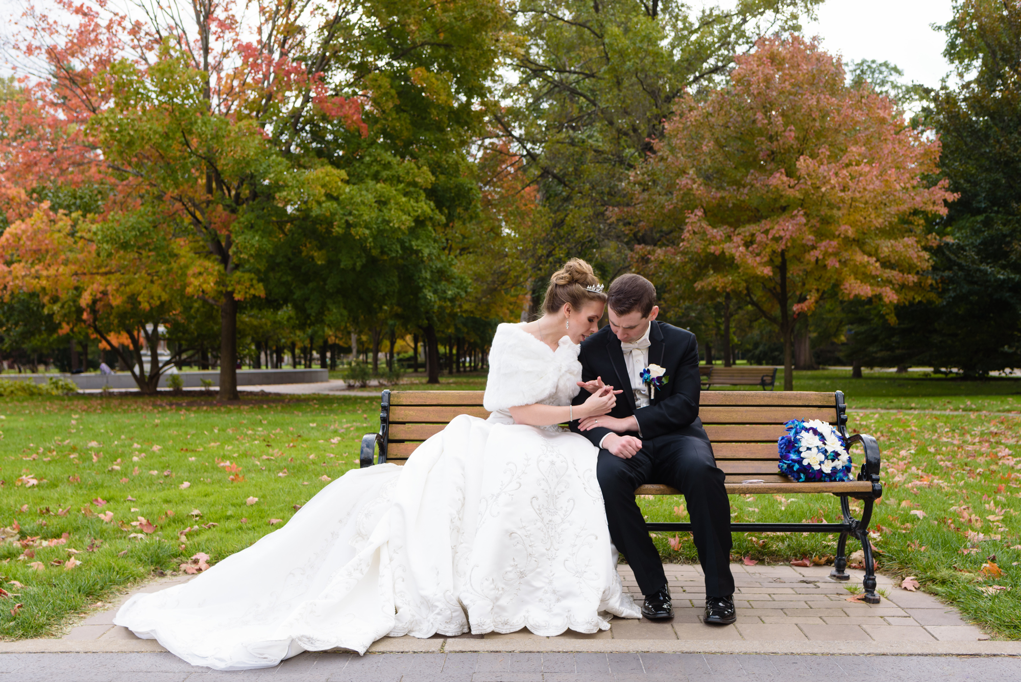 Bride & Groom around God Quad after their wedding ceremony at the Basilica of the Sacred Heart on the campus of the University of Notre Dame