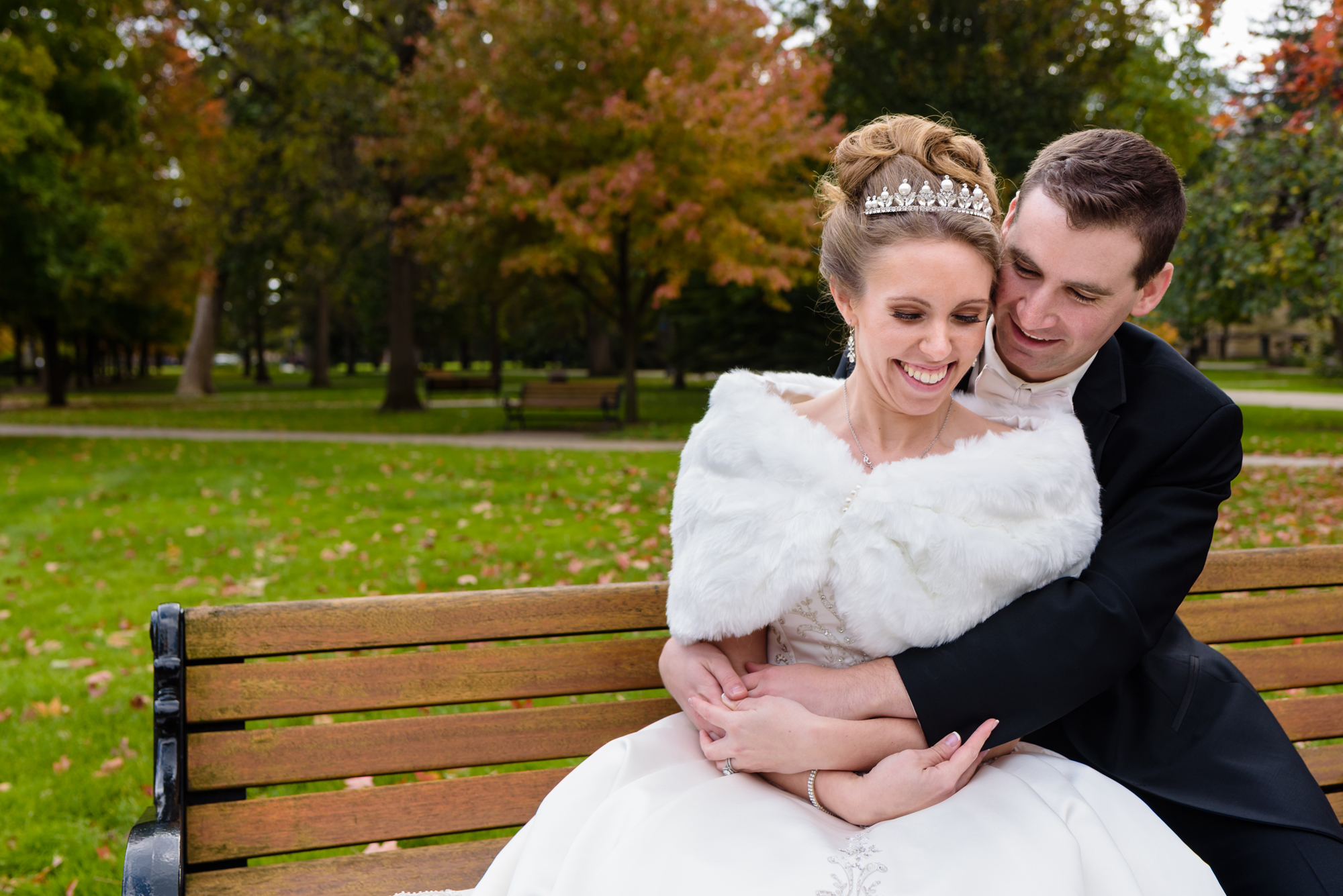 Bride & Groom around God Quad after their wedding ceremony at the Basilica of the Sacred Heart on the campus of the University of Notre Dame