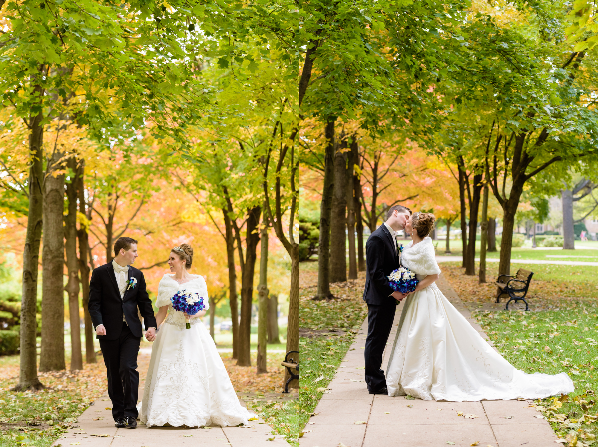 Bride & Groom around God Quad after their wedding ceremony at the Basilica of the Sacred Heart on the campus of the University of Notre Dame