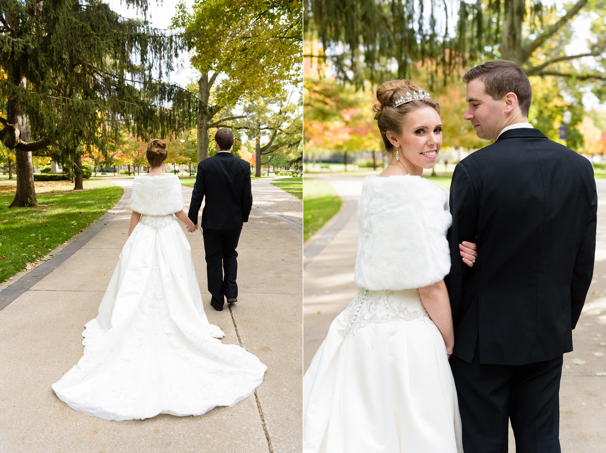 Bride & Groom around God Quad after their wedding ceremony at the Basilica of the Sacred Heart on the campus of the University of Notre Dame