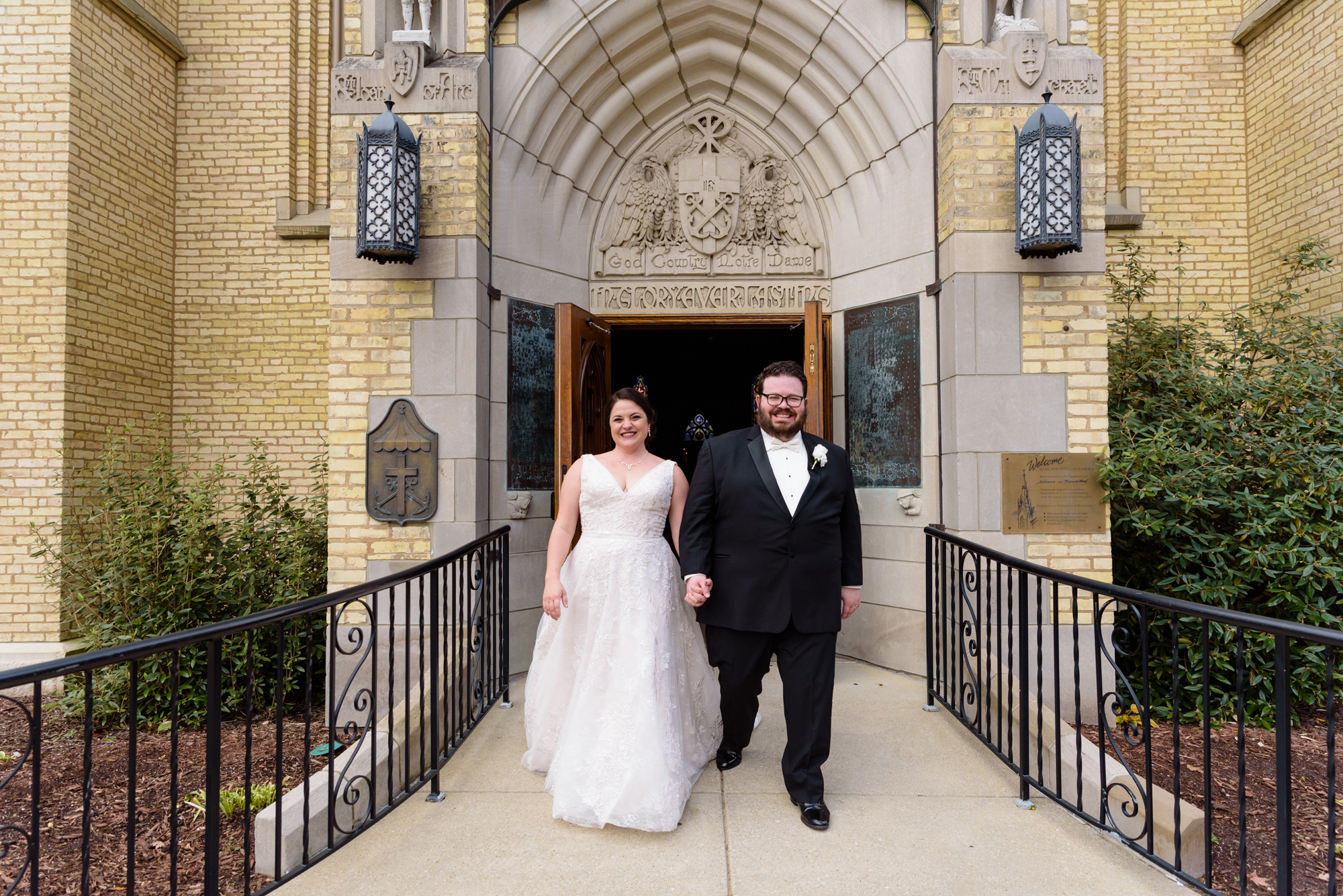 Bride & Groom leaving their wedding ceremony at the Basilica of the Sacred Heart on the campus of the University of Notre Dame