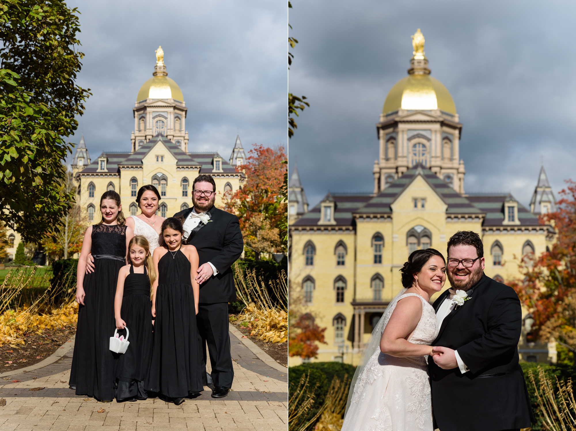 Bride & Groom in front of Golden Dome after their wedding ceremony at the Basilica of the Sacred Heart on the campus of the University of Notre Dame