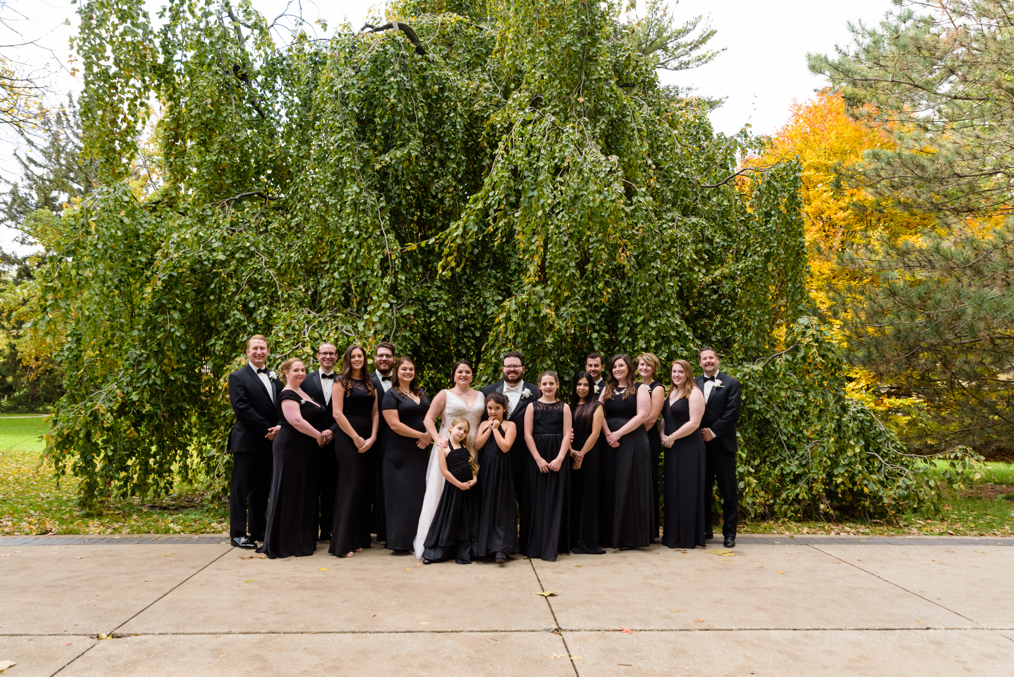 Bridal Party around God Quad after their wedding ceremony at the Basilica of the Sacred Heart on the campus of the University of Notre Dame