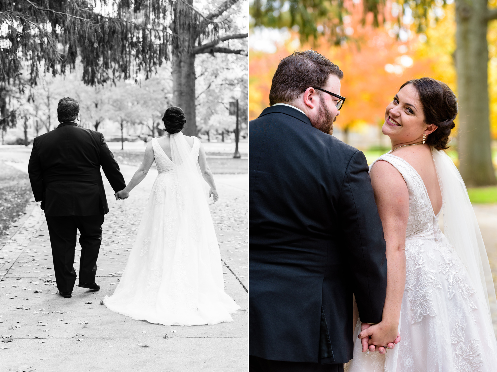 Bride & Groom around God Quad after their wedding ceremony at the Basilica of the Sacred Heart on the campus of the University of Notre Dame