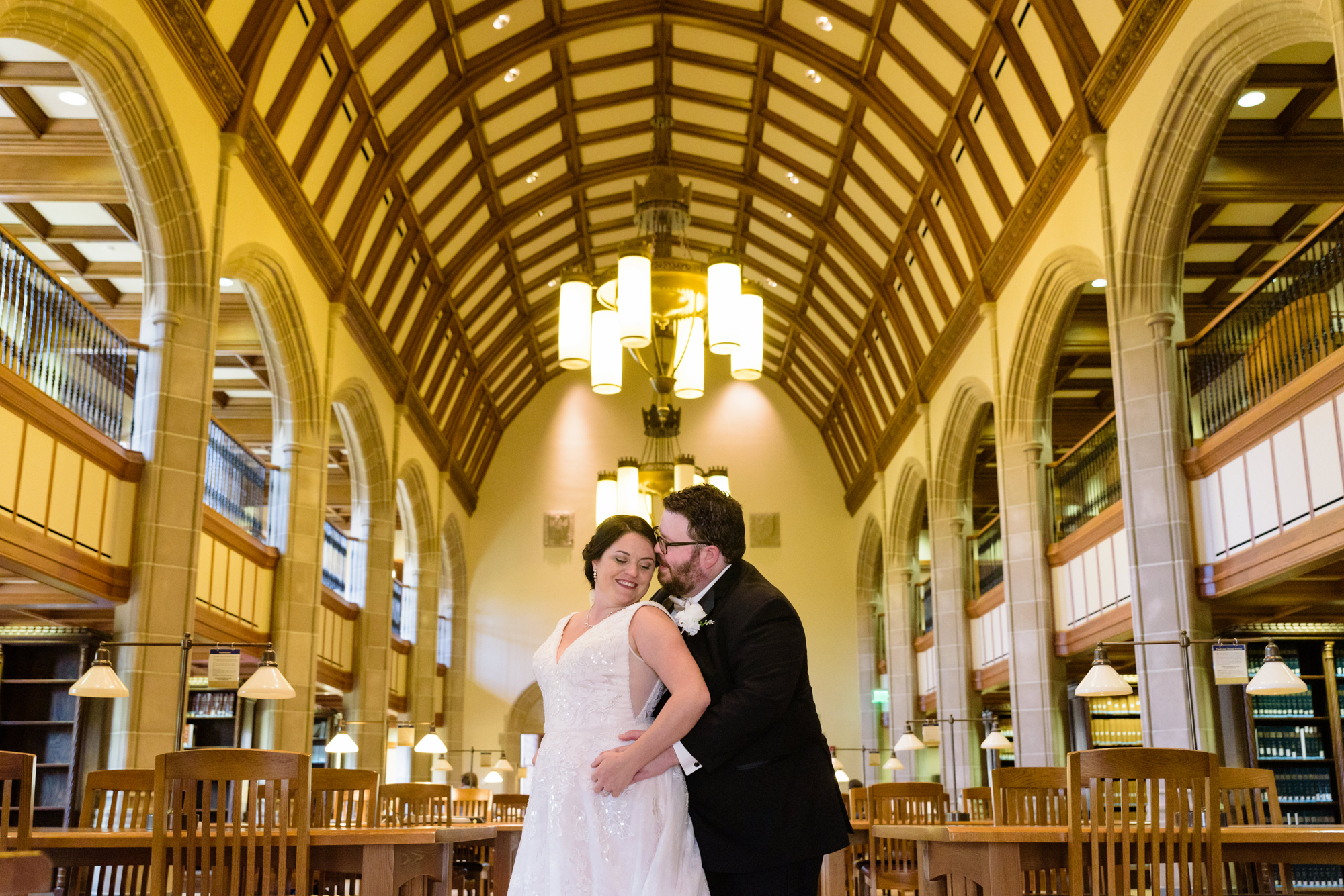 Bride & Groom in Law School library after their wedding ceremony at the Basilica of the Sacred Heart on the campus of the University of Notre Dame