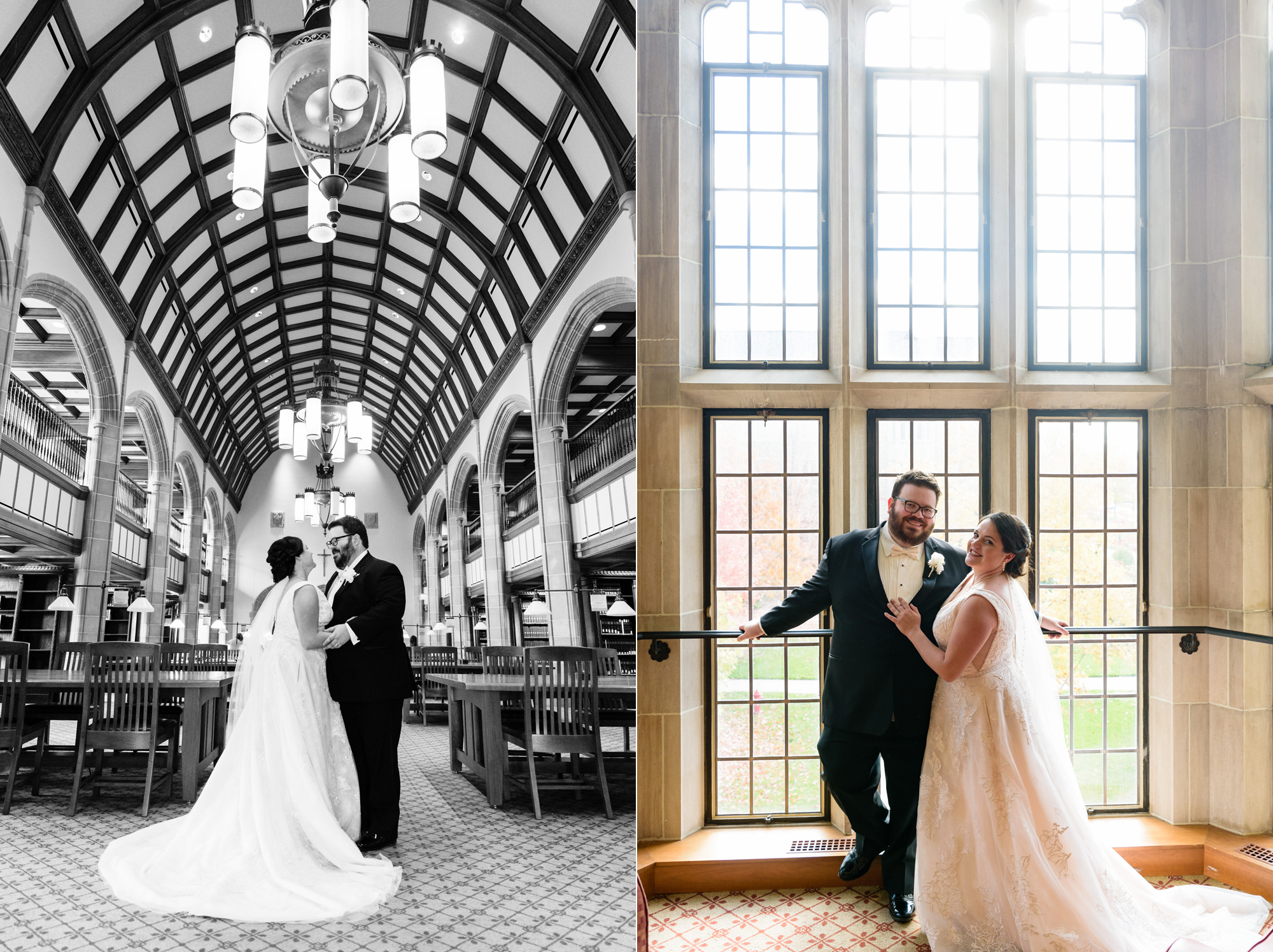 Bride & Groom in Law School library after their wedding ceremony at the Basilica of the Sacred Heart on the campus of the University of Notre Dame