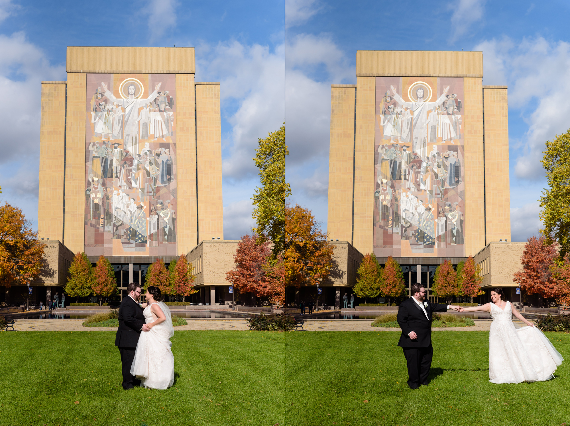 Bride & Groom in front of touchdown Jesus after their wedding ceremony at the Basilica of the Sacred Heart on the campus of the University of Notre Dame